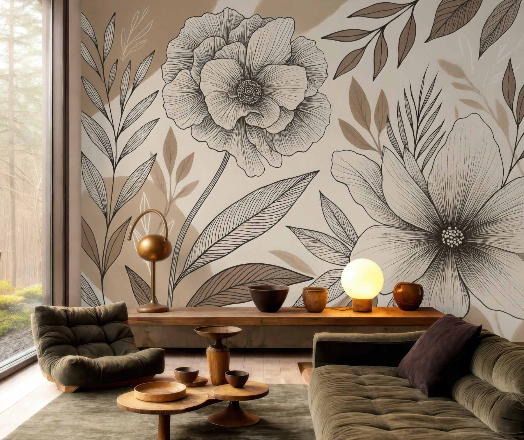 Fototapeta botaniczne kwiaty w beżowym szkicu