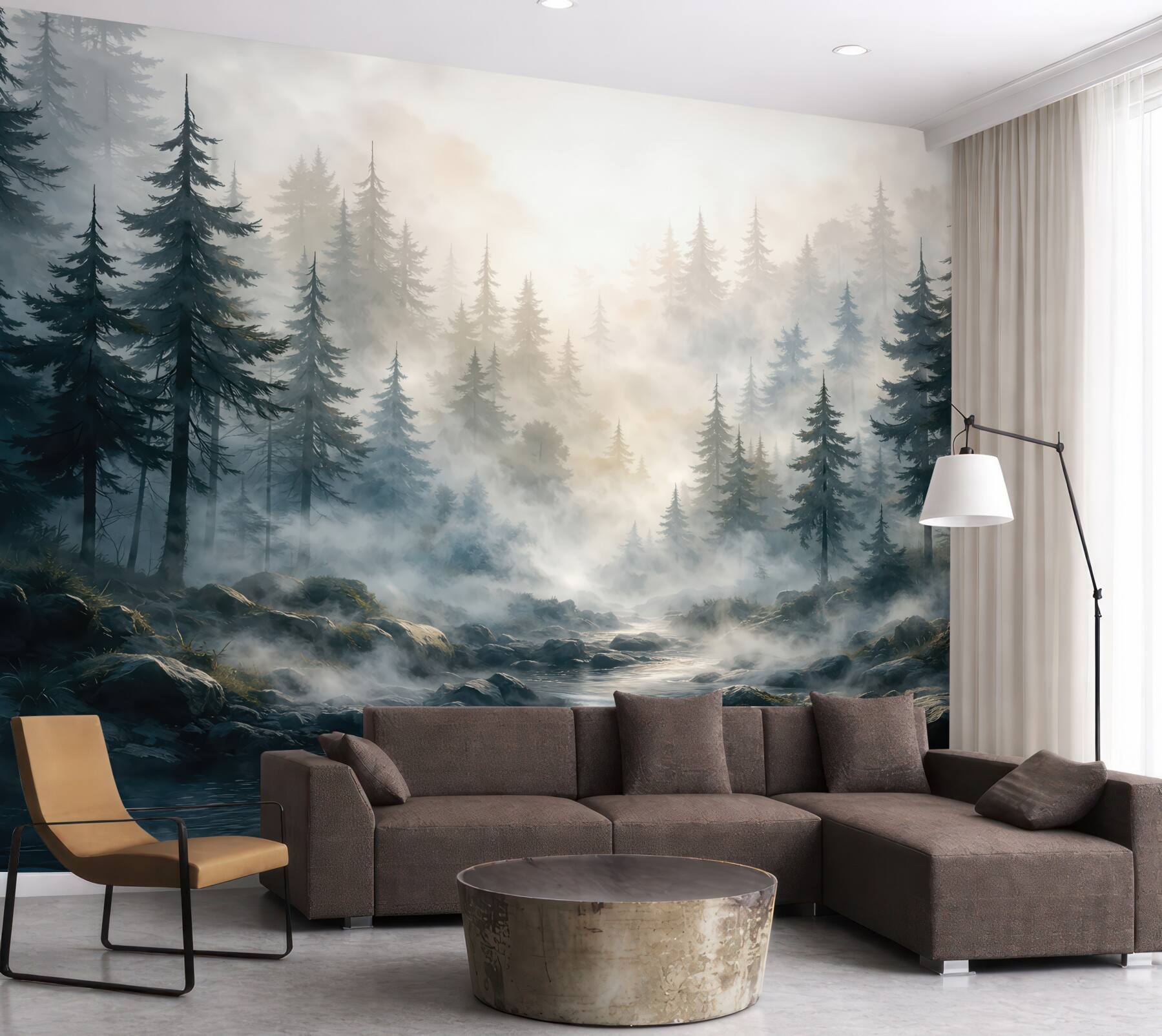 Fototapeta mglisty las nad górskim potokiem