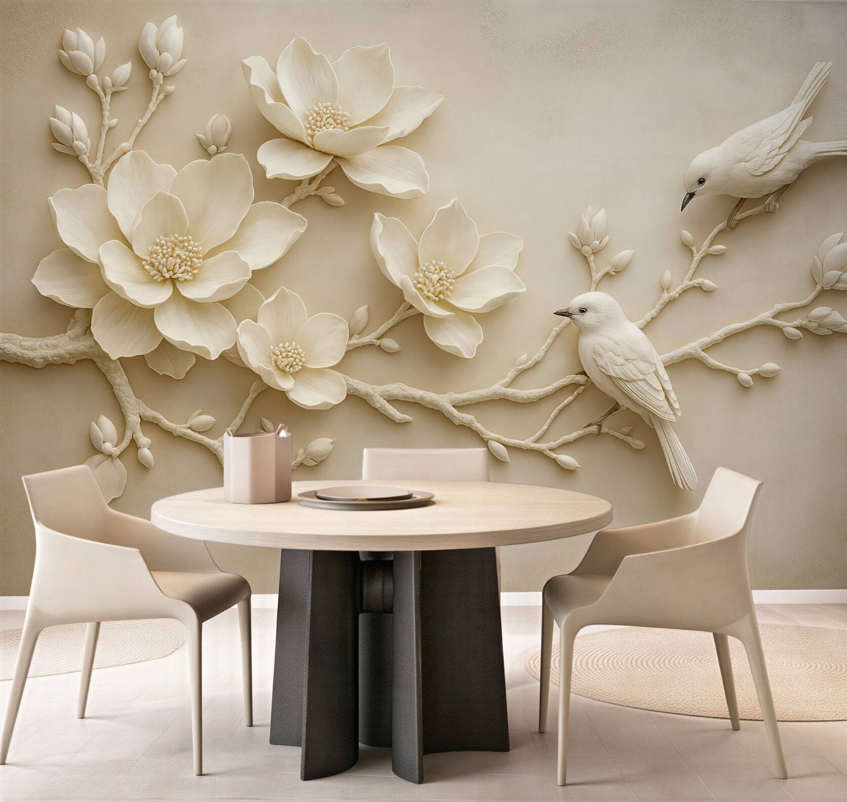 Fototapeta kremowe magnolie z ptakami relief 3d
