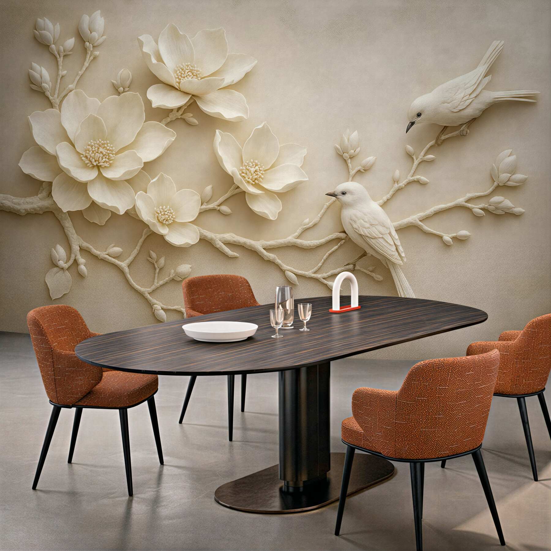 Fototapeta kremowe magnolie z ptakami relief 3d