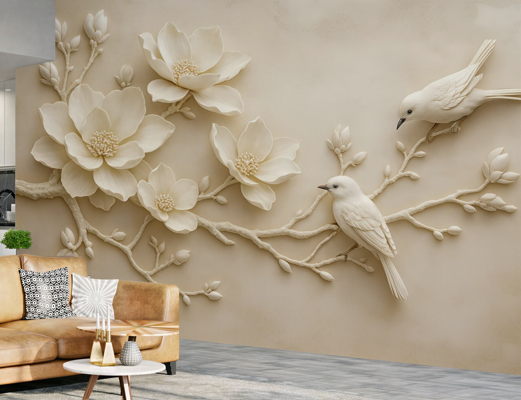 Fototapeta kremowe magnolie z ptakami relief 3d