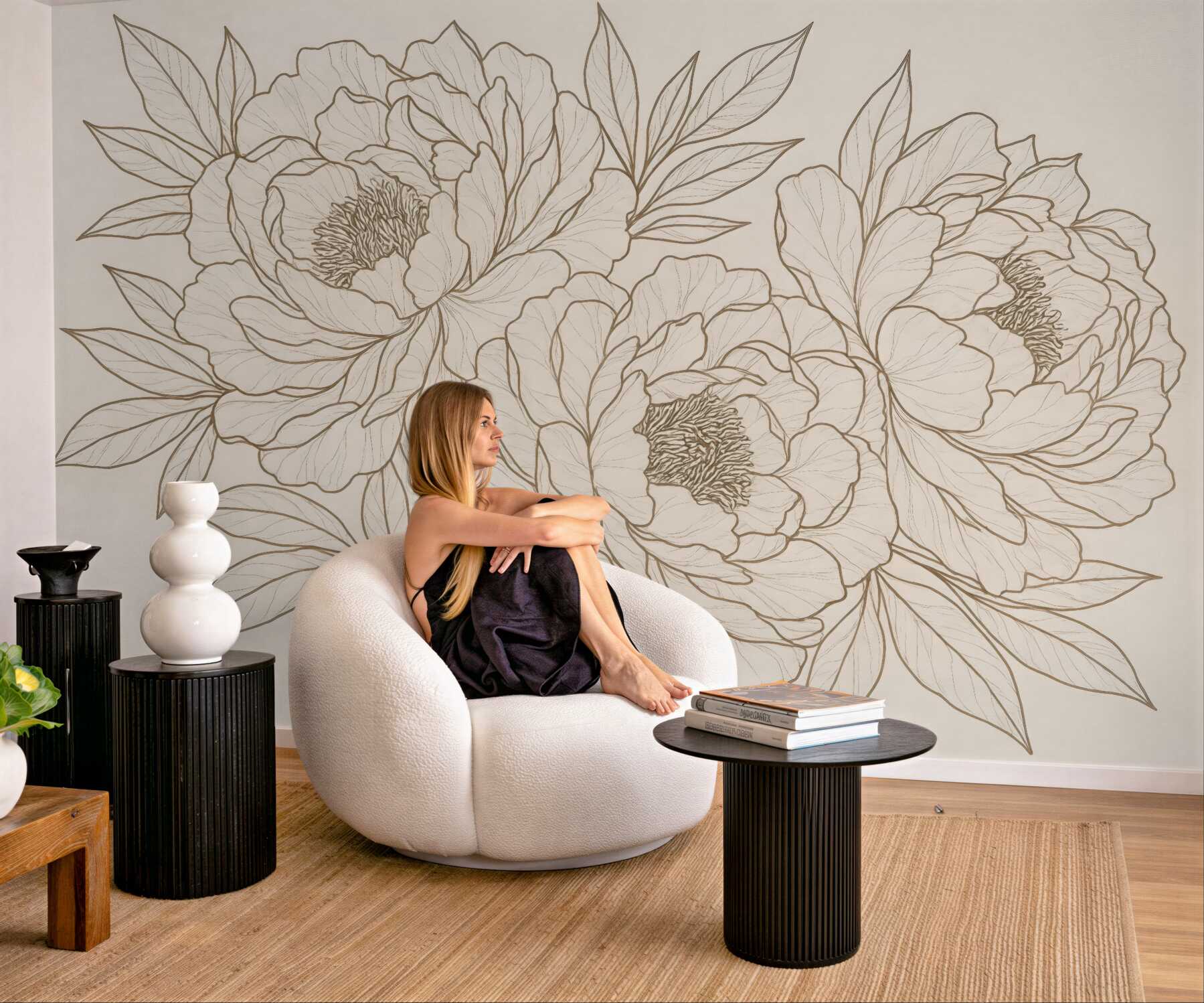 Fototapeta delikatne piwonie w sepiowym rysunku