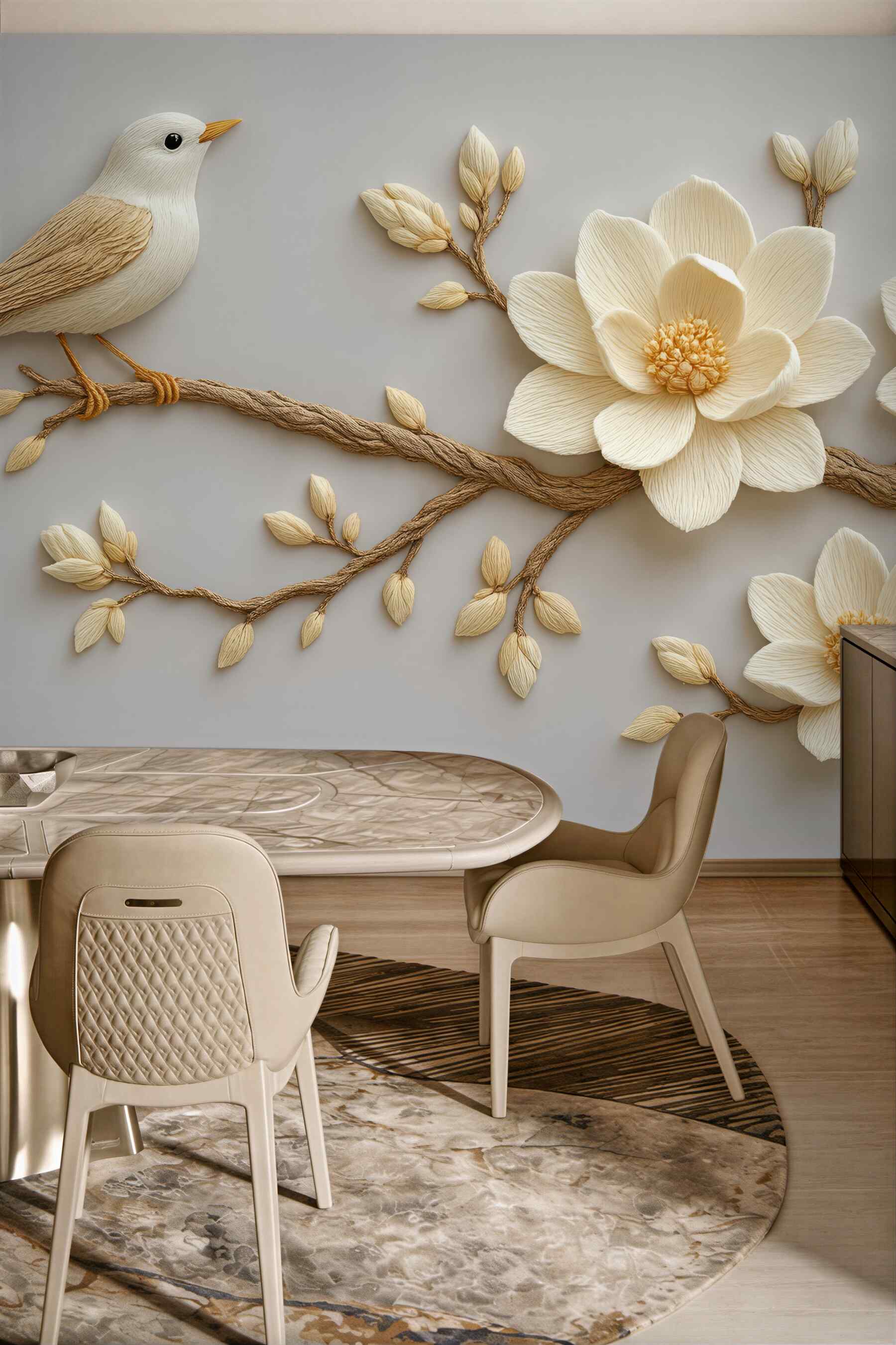 Fototapeta ptaszek i magnolie w subtelnej rzeźbie