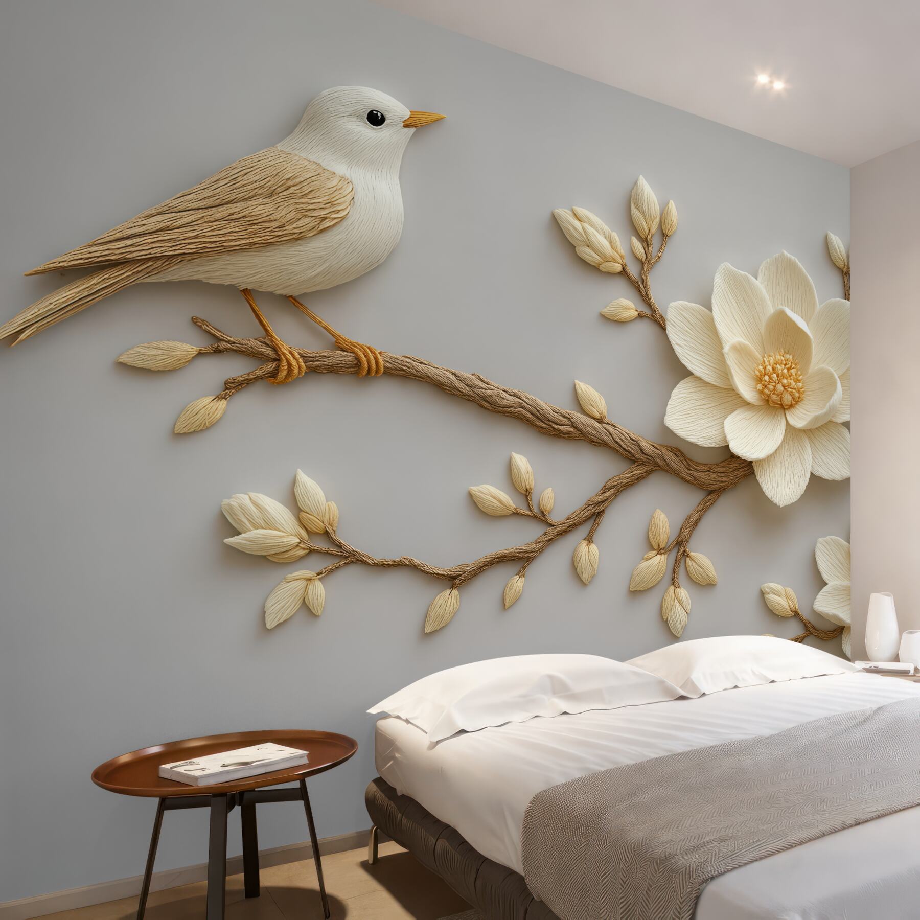 Fototapeta ptaszek i magnolie w subtelnej rzeźbie