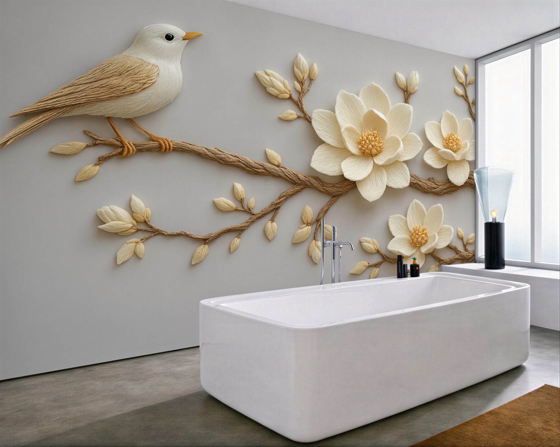 Fototapeta ptaszek i magnolie w subtelnej rzeźbie