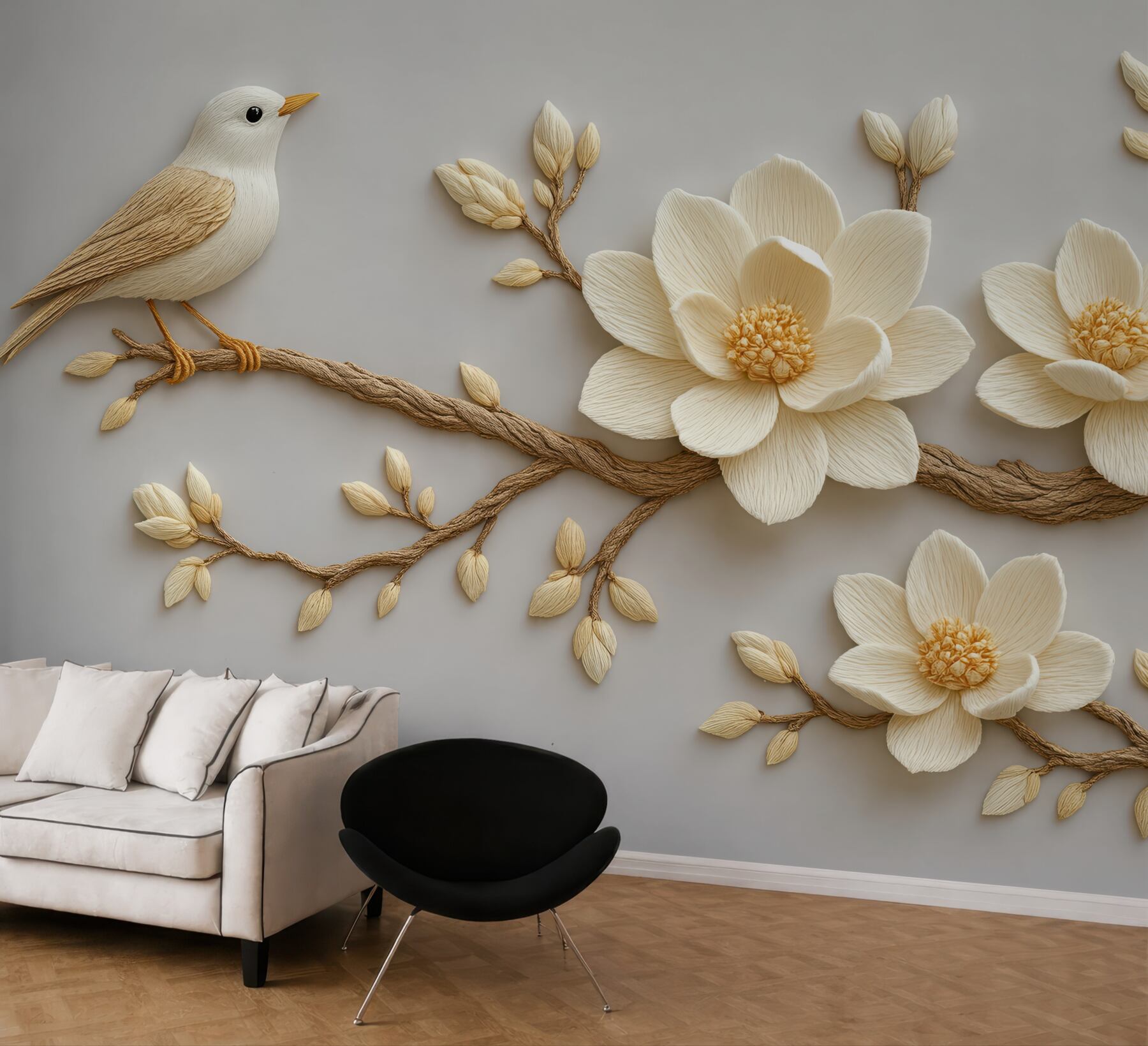 Fototapeta ptaszek i magnolie w subtelnej rzeźbie
