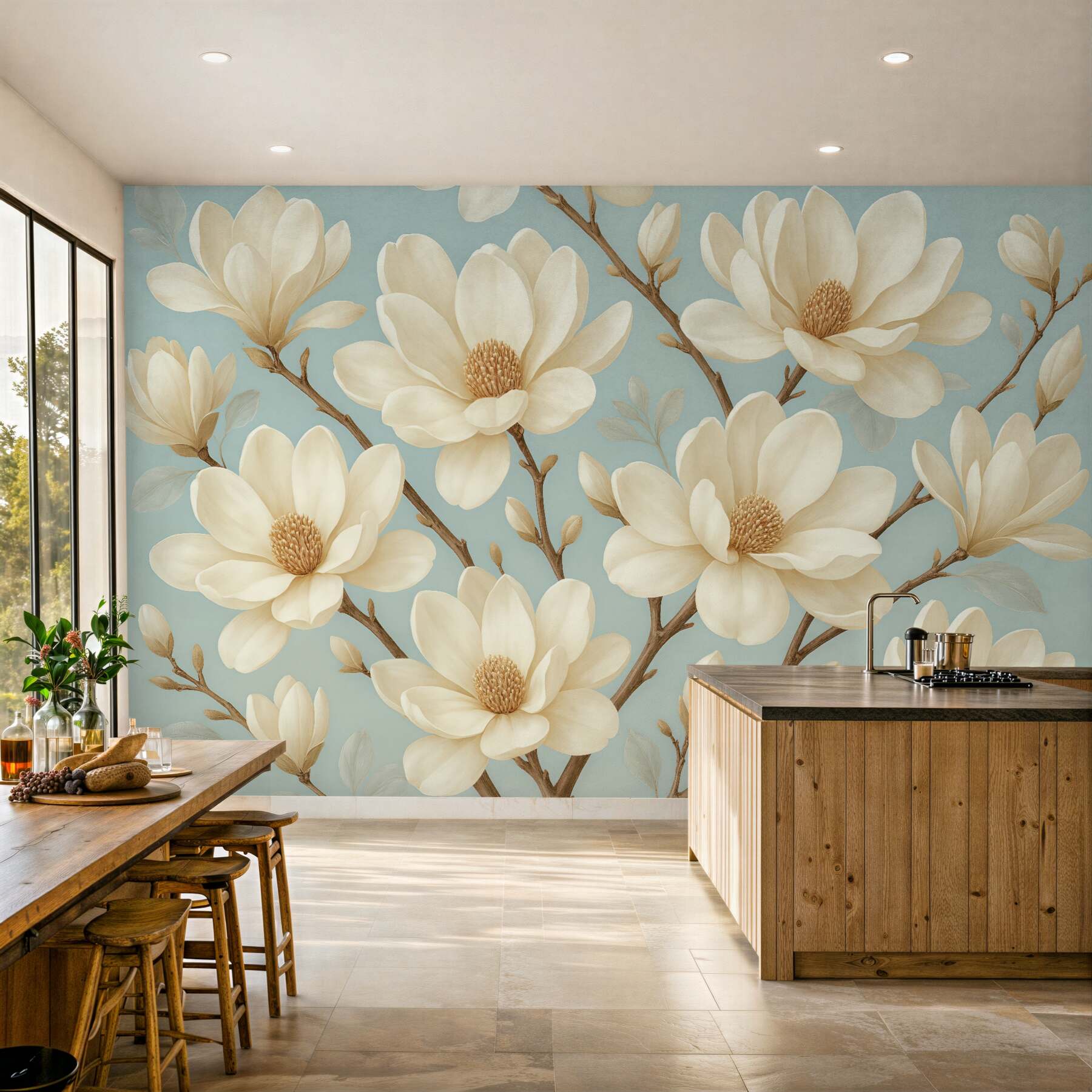 Fototapeta kremowe magnolie na błękitnym tle