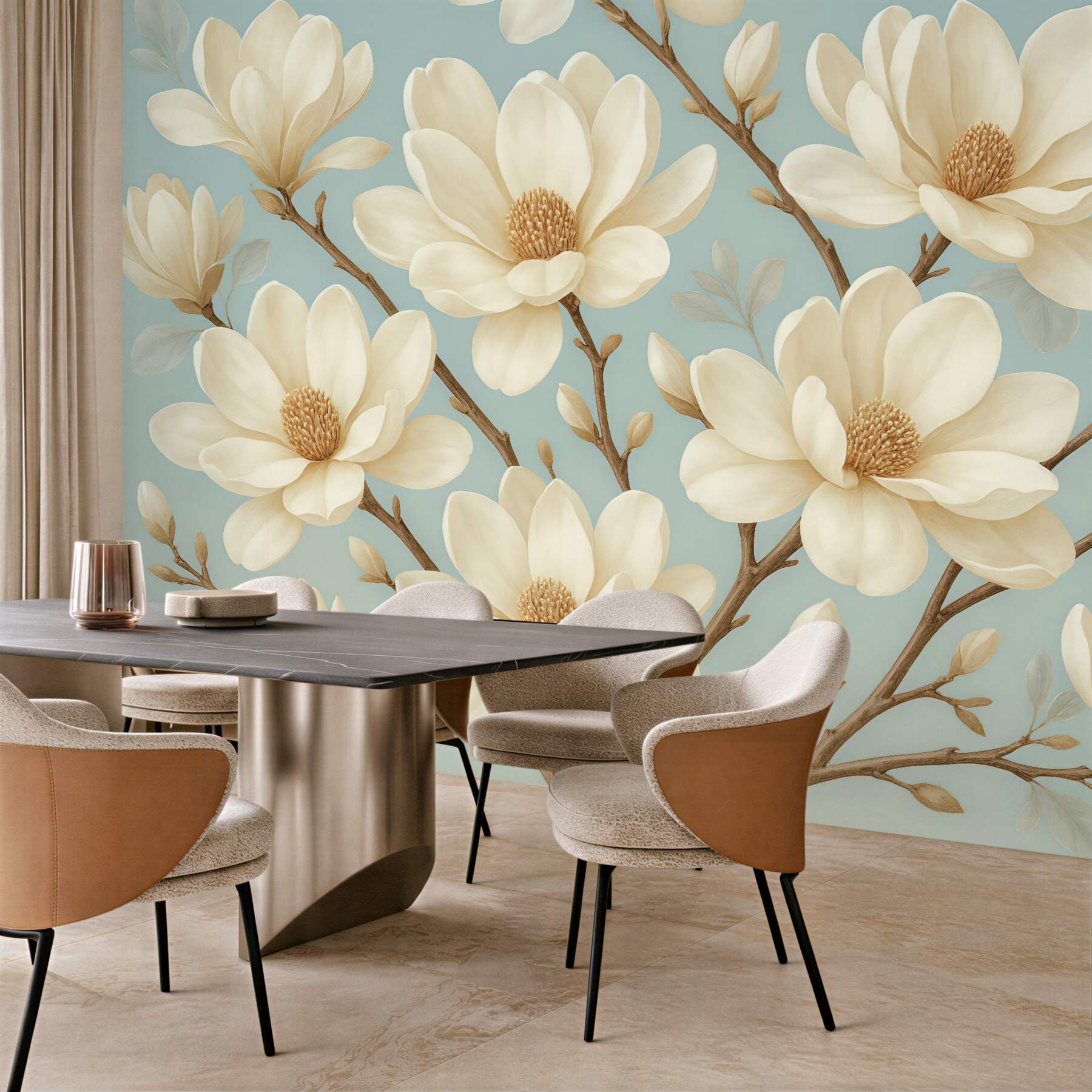 Fototapeta kremowe magnolie na błękitnym tle