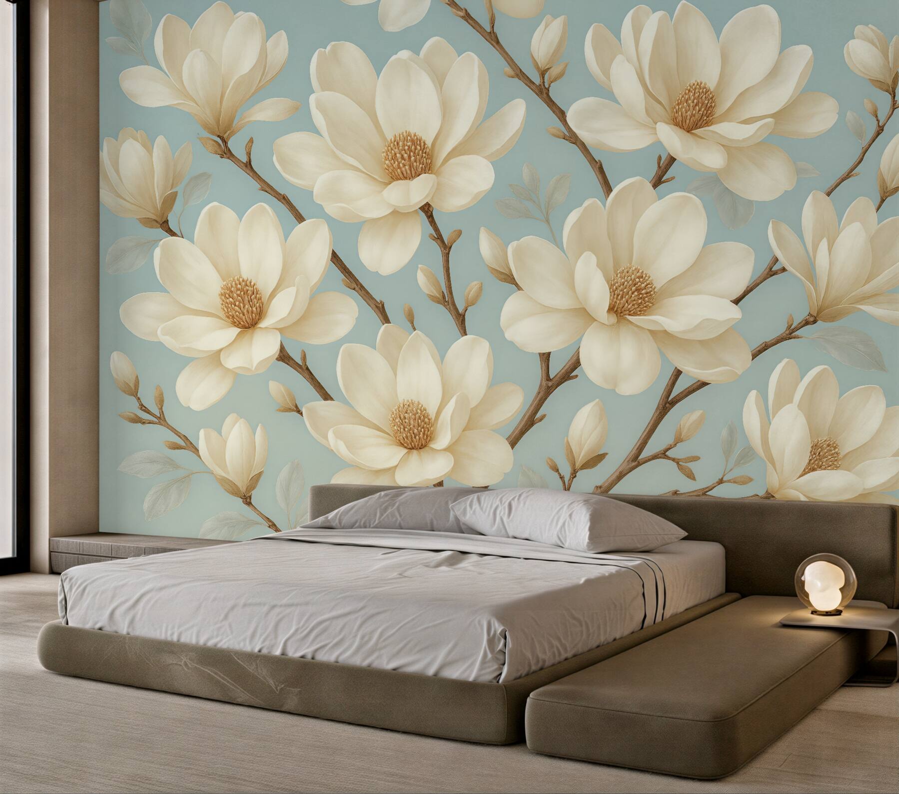 Fototapeta kremowe magnolie na błękitnym tle