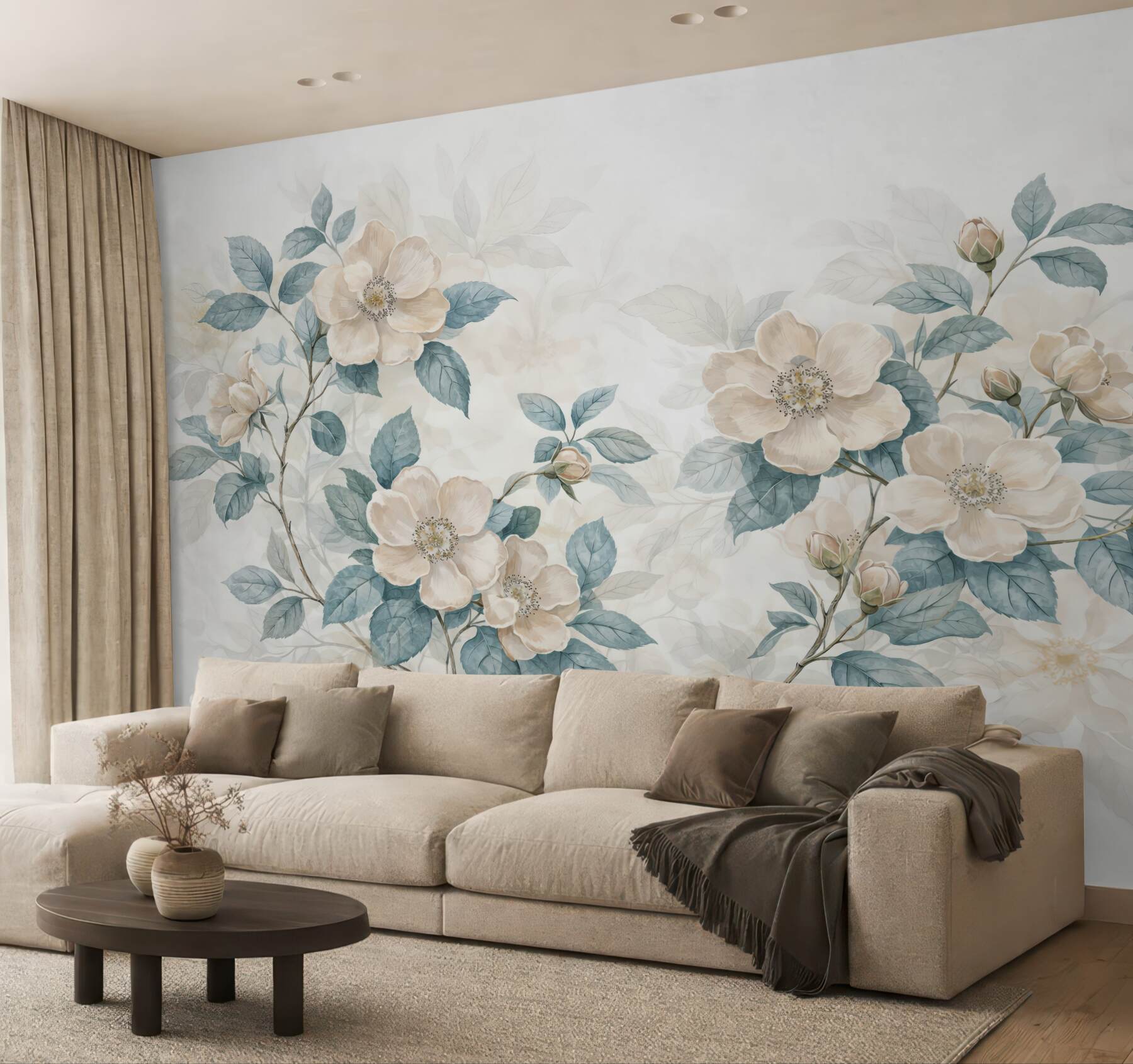 Fototapeta kremowe kwiaty z błękitnymi liśćmi