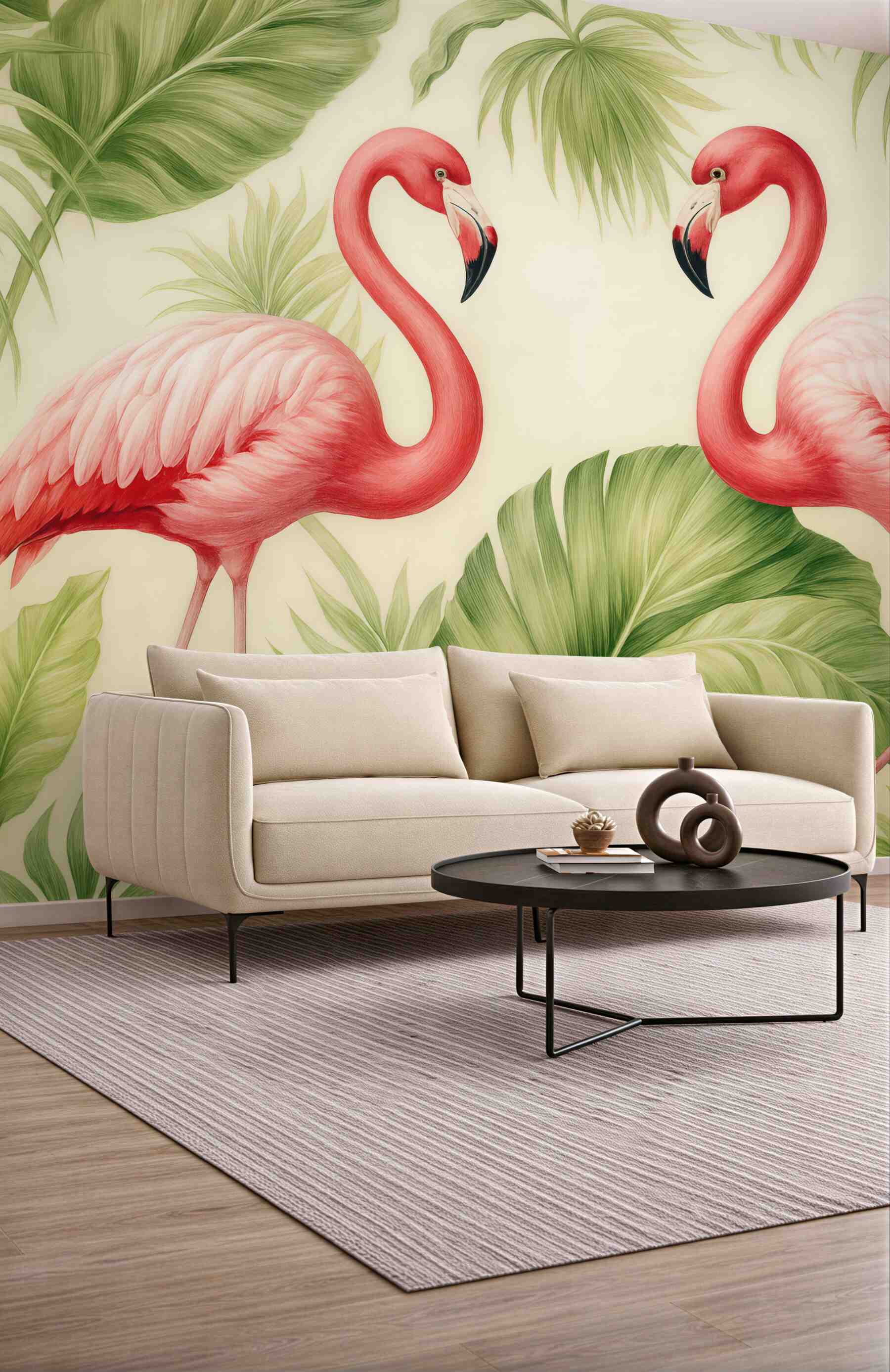 Fototapeta tropikalne flamingi wśród zielonych liści