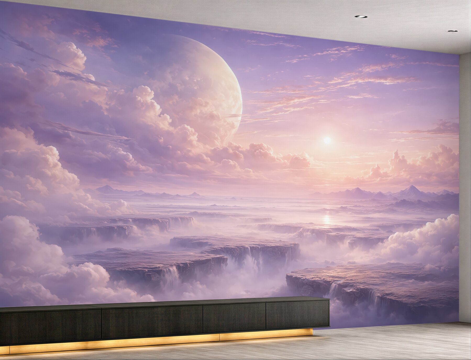 Fototapeta fantastyczny świt nad chmurami i planetą