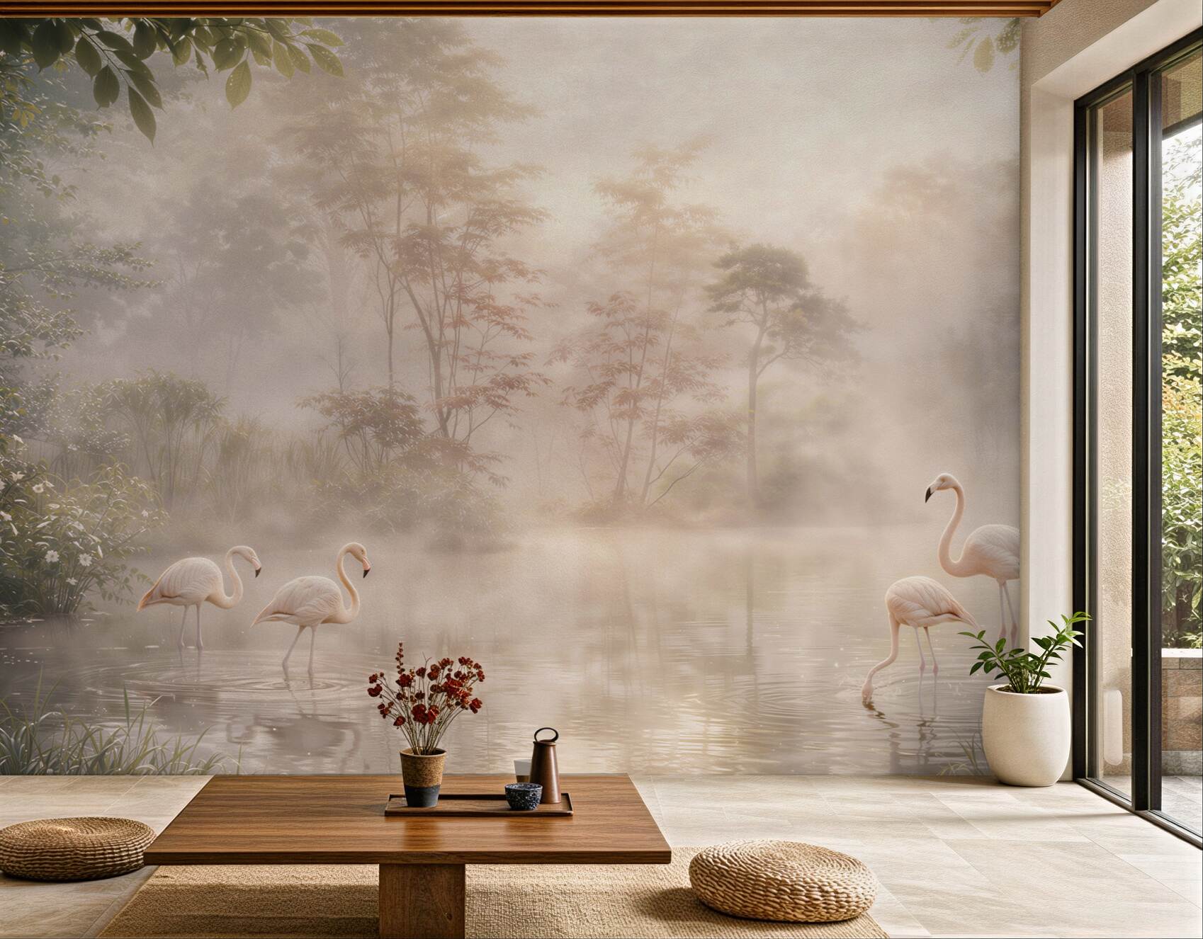 Fototapeta flamingi nad mglistym jeziorem w pastelowym świetle