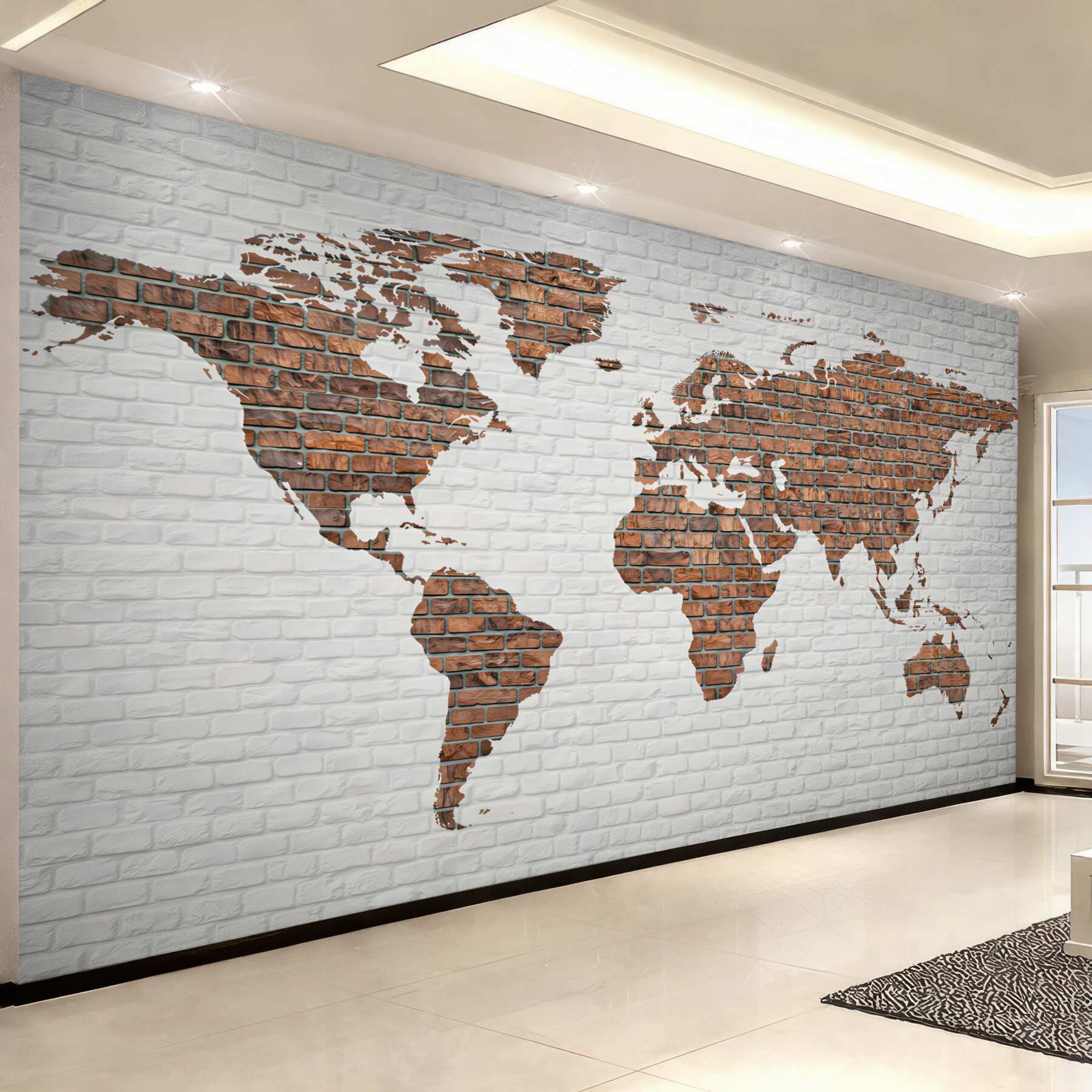 Fototapeta mapa świata z cegły na białej ścianie loftowa