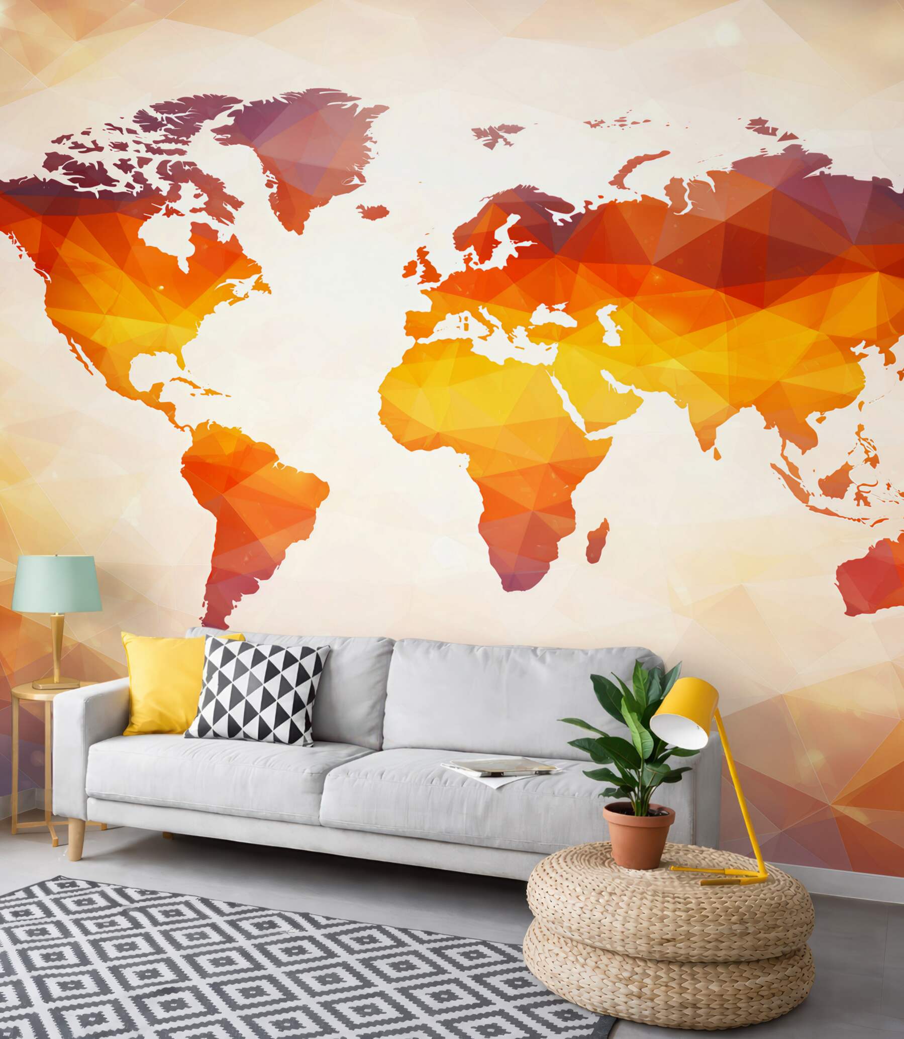 Fototapeta mapa świata geometryczna w ciepłych pomarańczowych barwach