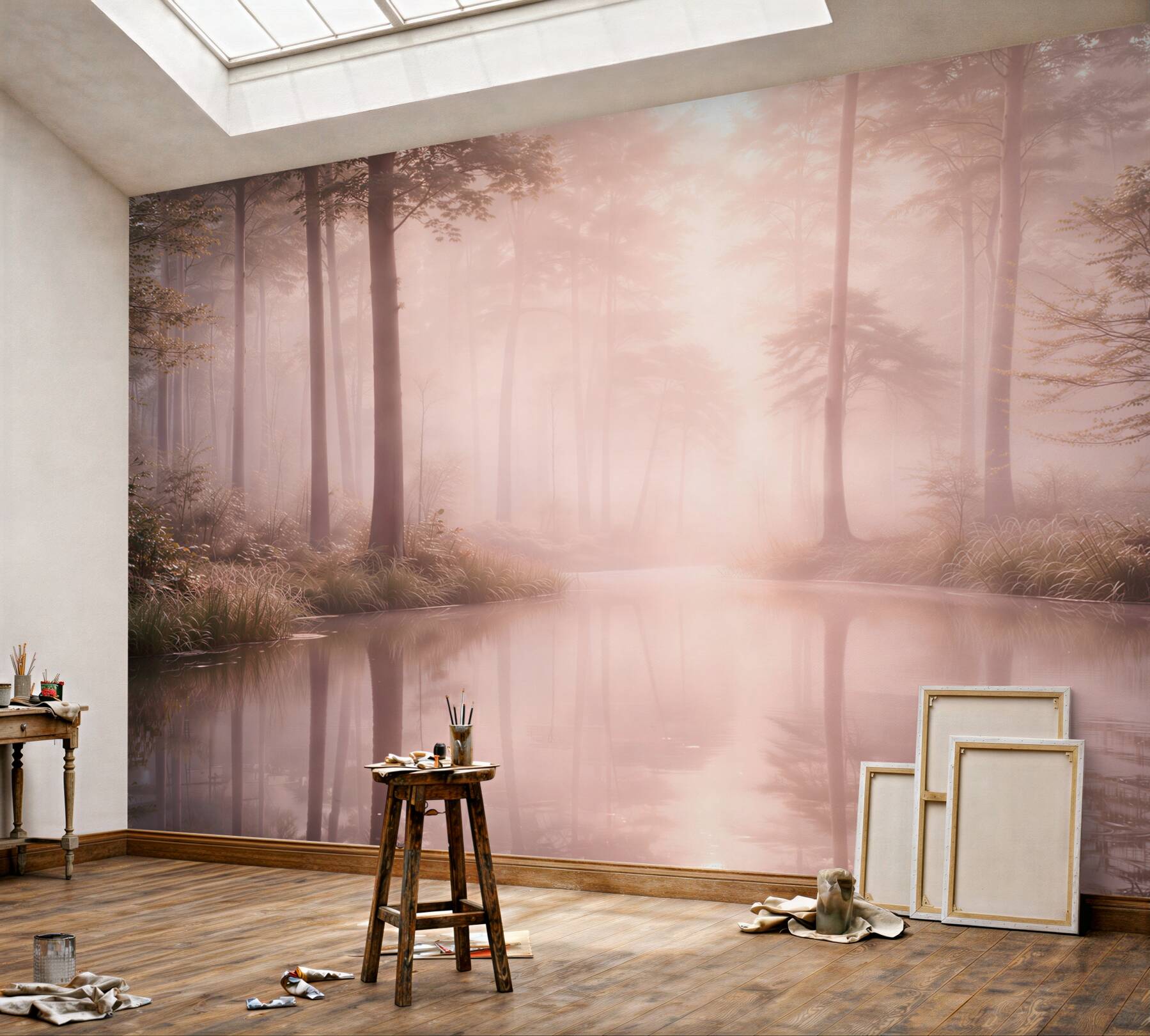 Fototapeta mglisty las nad jeziorem w pastelowych różowych tonach