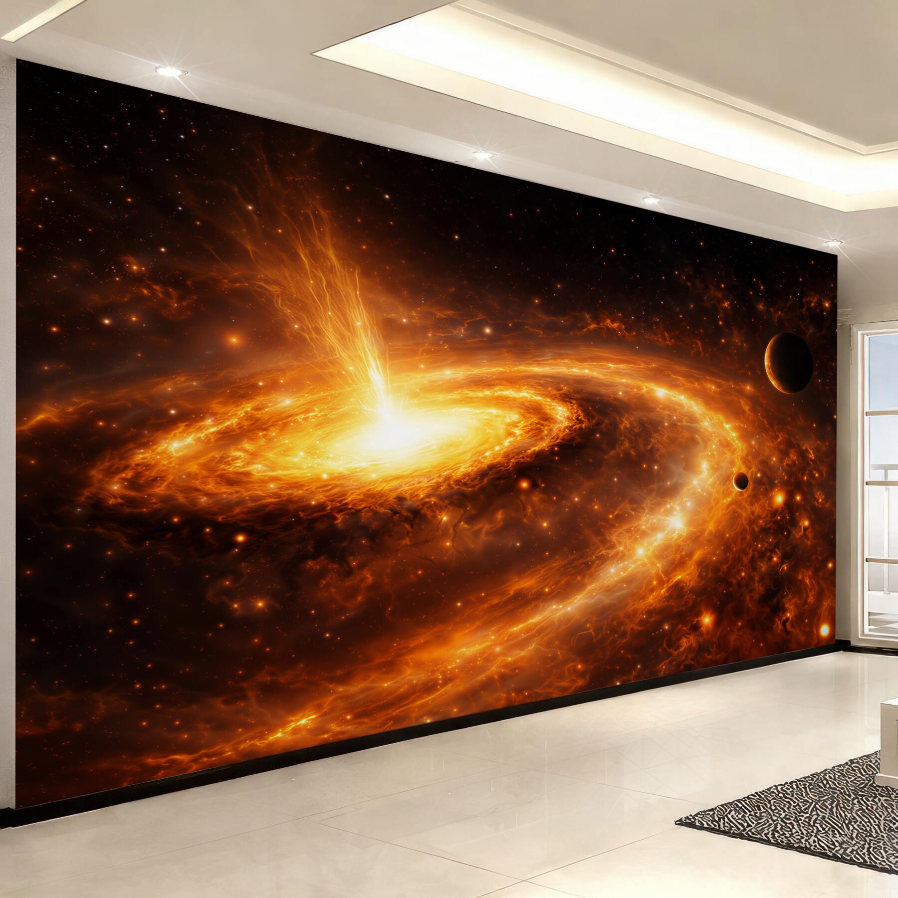 Fototapeta kosmiczna galaktyka z planetami w ognistych złotych barwach