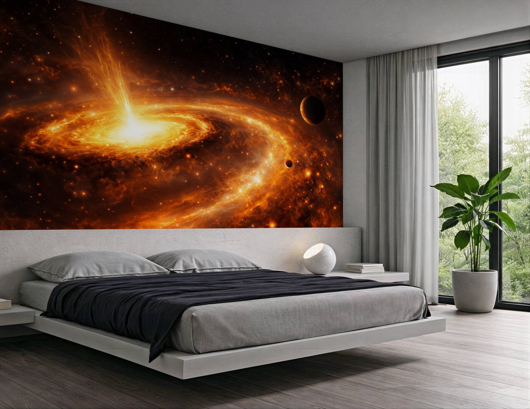 Fototapeta kosmiczna galaktyka z planetami w ognistych złotych barwach
