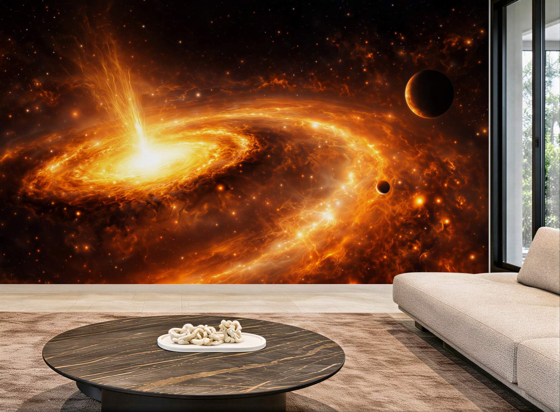 Fototapeta kosmiczna galaktyka z planetami w ognistych złotych barwach