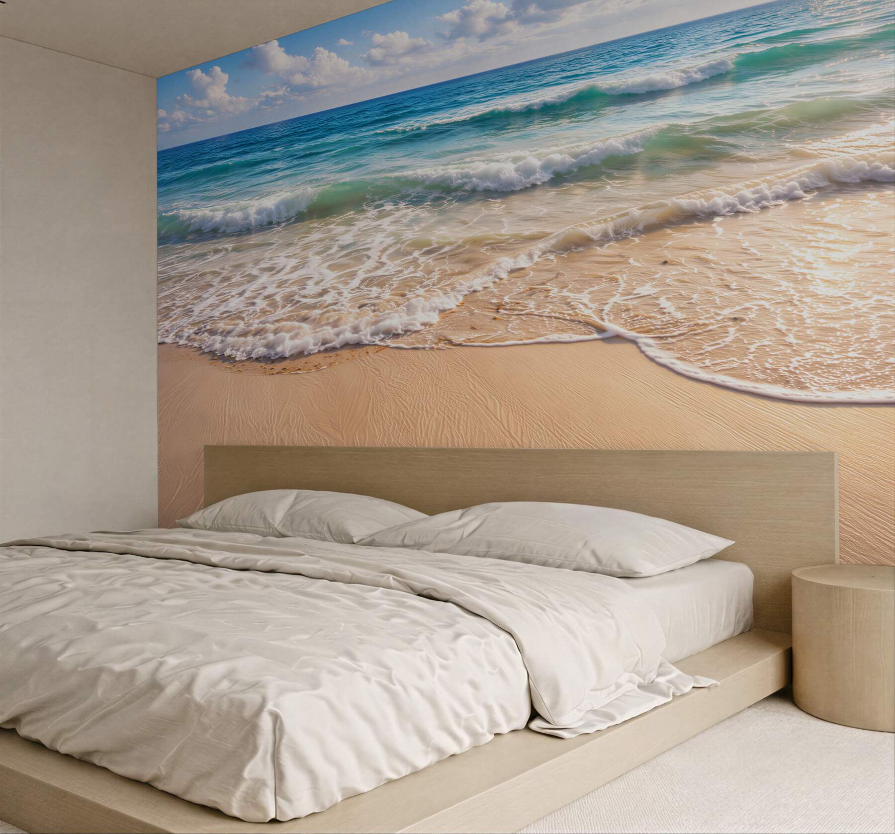 Fototapeta spokojna plaża z turkusowym morzem i falami o wschodzie słońca