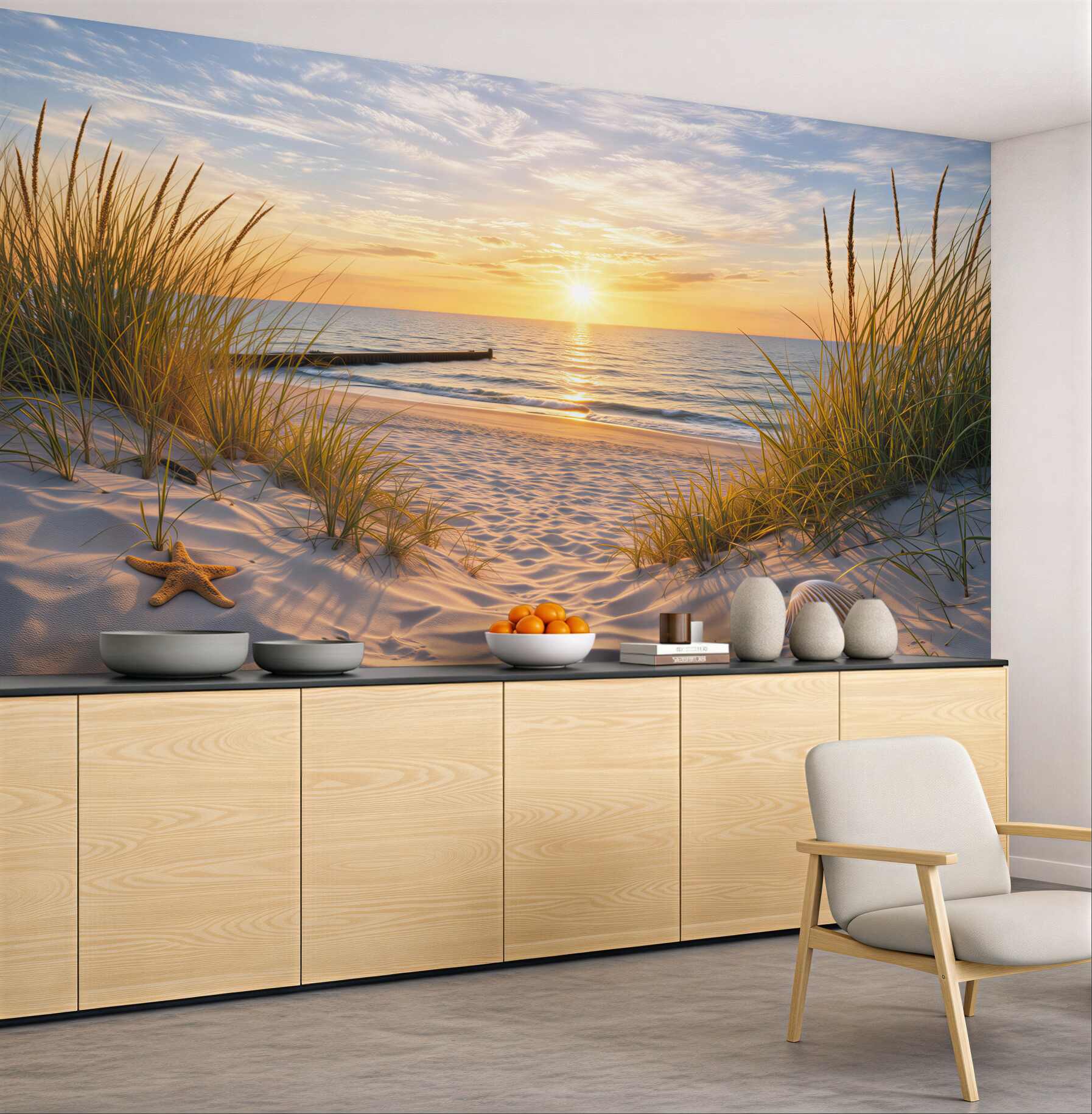 Fototapeta plaża o wschodzie słońca z wydmami i spokojnym morzem