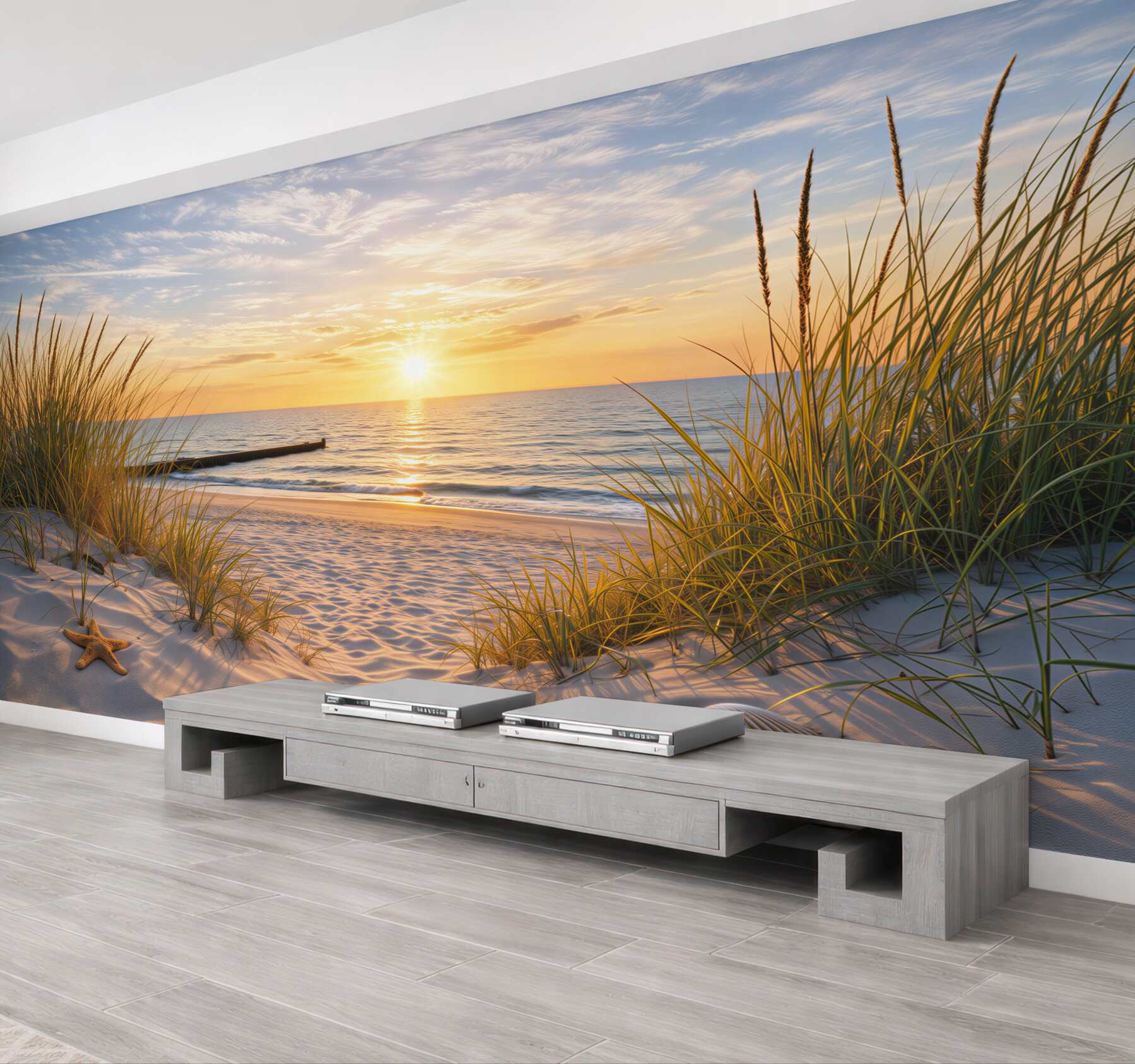 Fototapeta plaża o wschodzie słońca z wydmami i spokojnym morzem