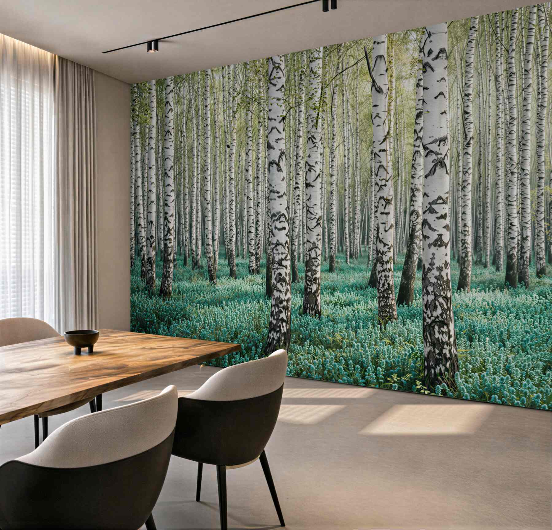 Fototapeta las brzozowy z turkusowym runem leśnym spokojna natura