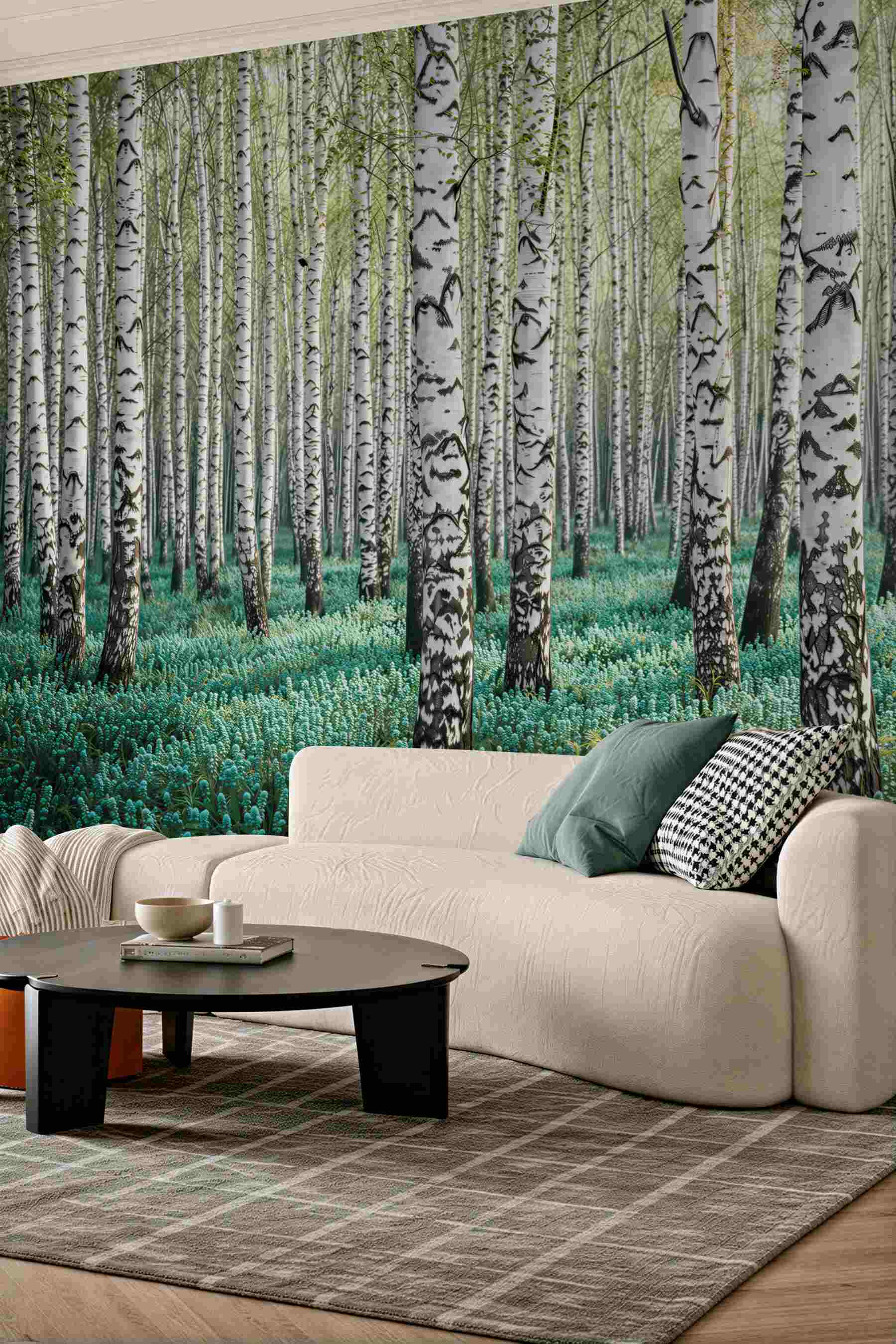 Fototapeta las brzozowy z turkusowym runem leśnym spokojna natura