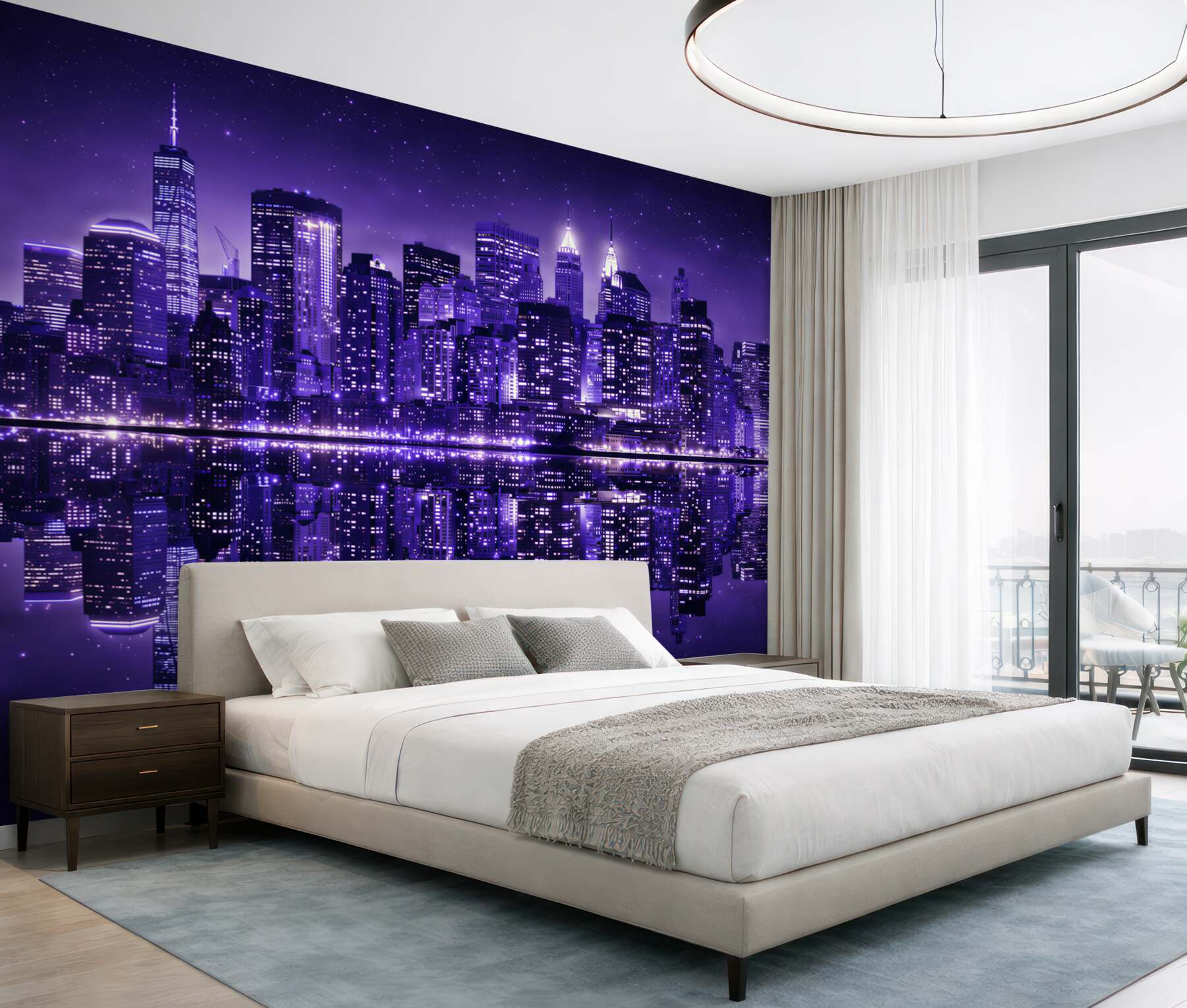 Fototapeta nocne miasto z odbiciem w wodzie fioletowy panorama skyline