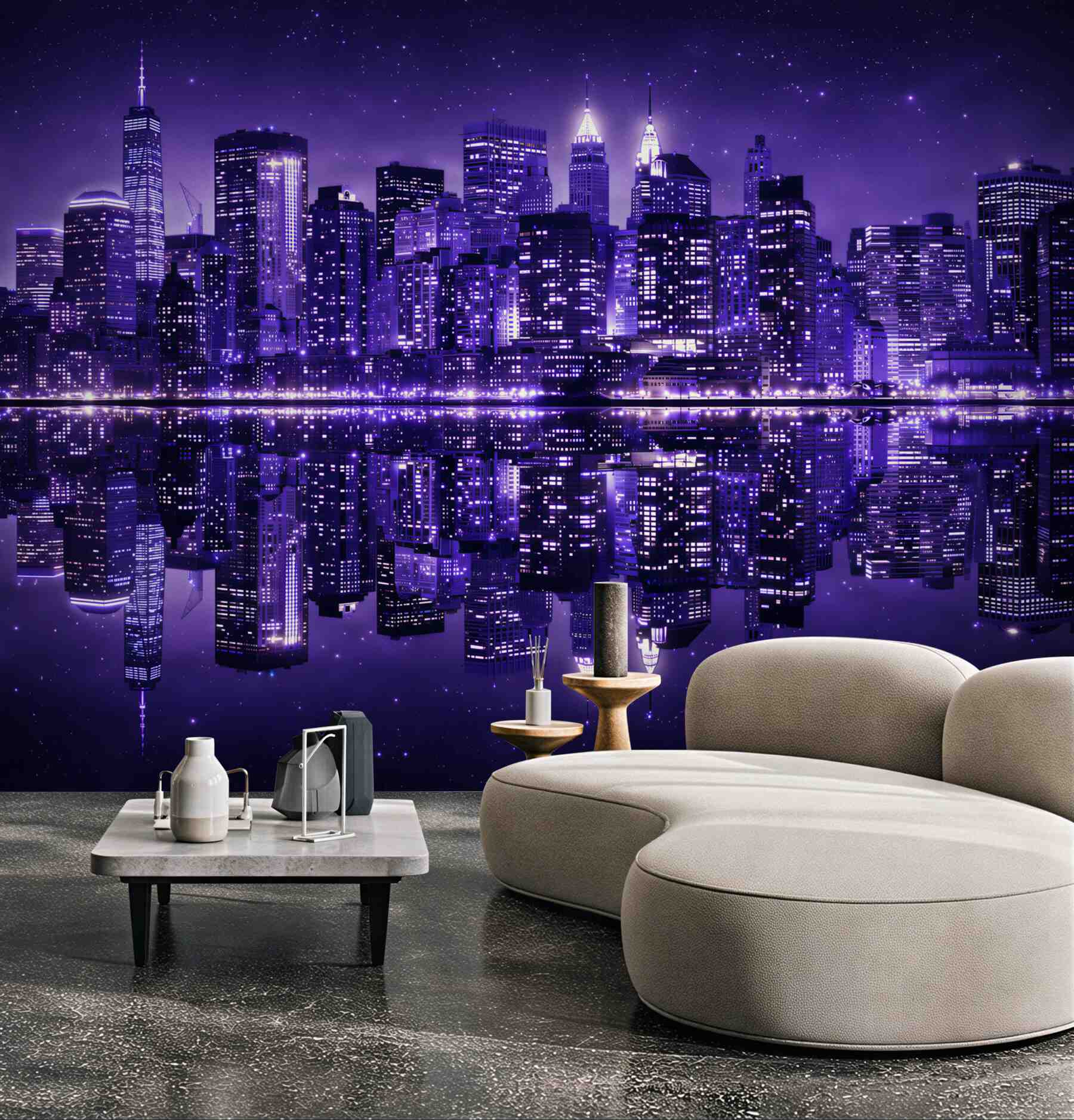 Fototapeta nocne miasto z odbiciem w wodzie fioletowy panorama skyline