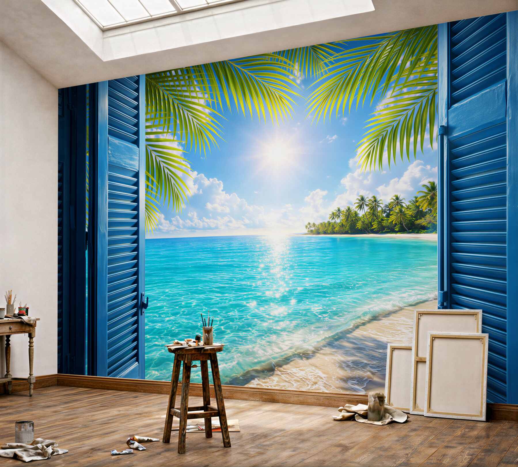 Fototapeta tropikalna plaża z widokiem przez okno na turkusowe morze