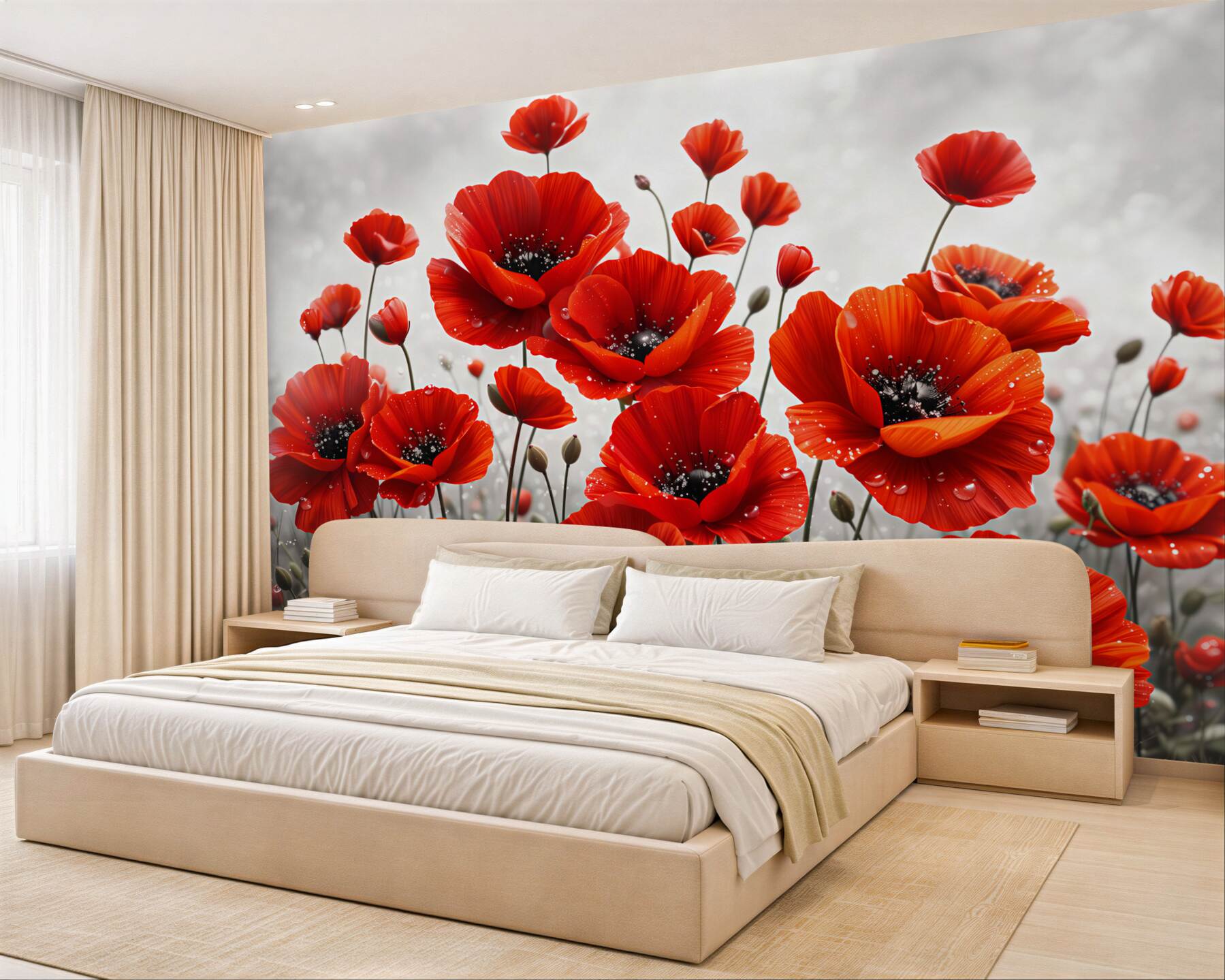 Fototapeta czerwone maki z kroplami rosy na jasnym tle