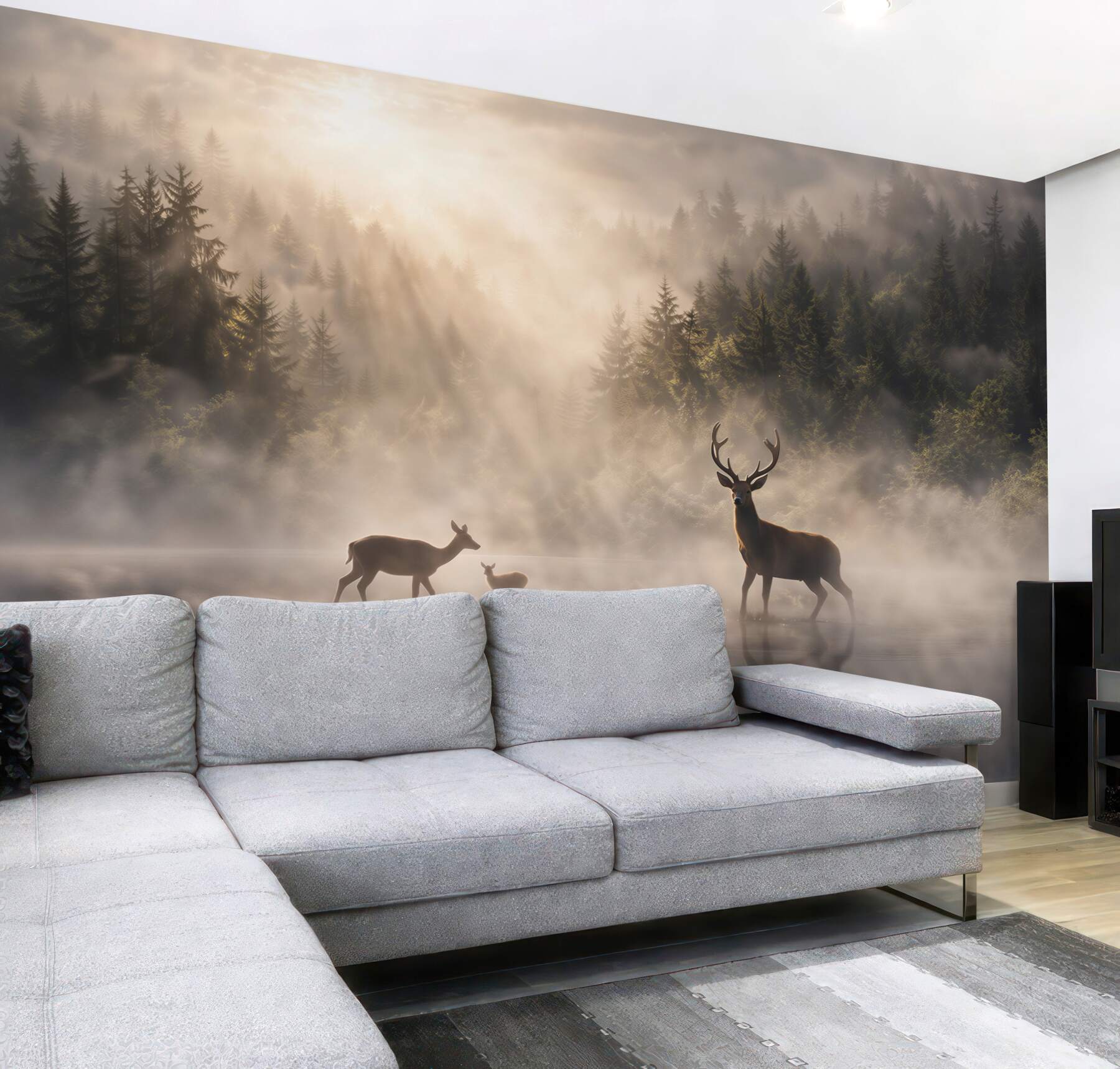 Fototapeta jelenie we mgle nad leśnym jeziorem naturalny krajobraz