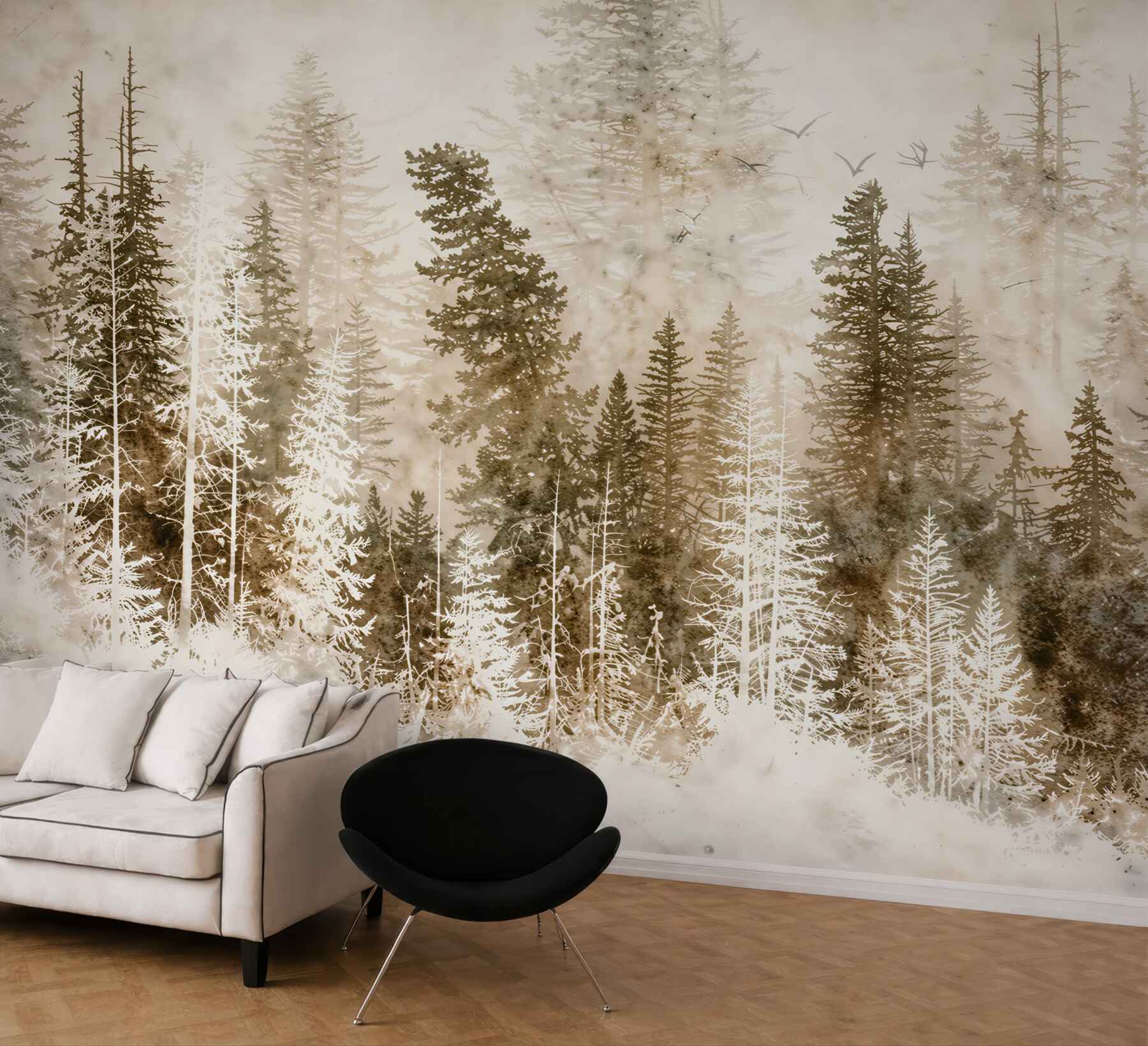 Fototapeta leśne drzewa we mgle w beżowych odcieniach