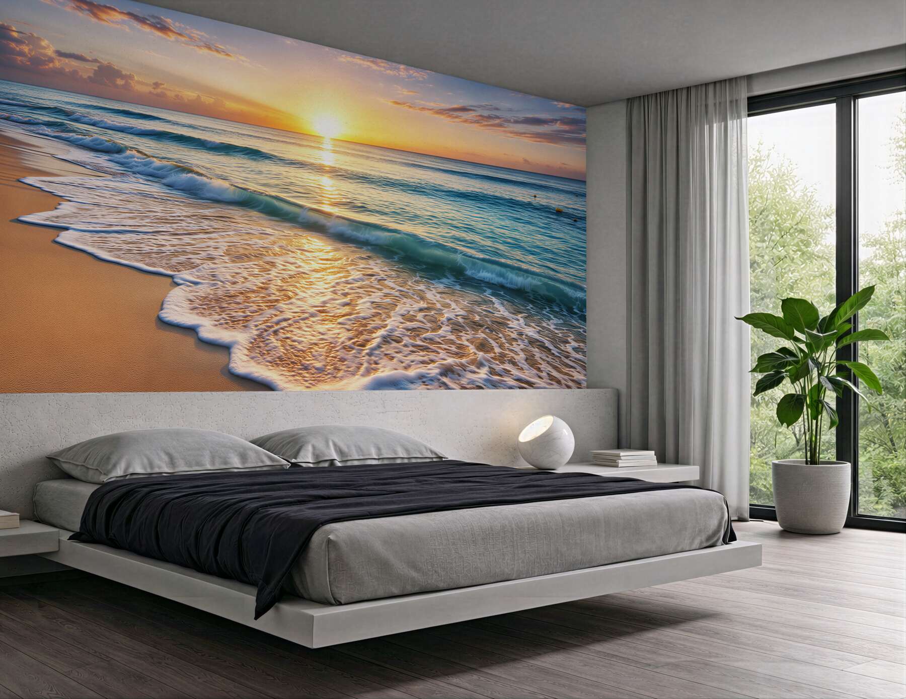 Fototapeta plaża o wschodzie słońca z falami i złotym piaskiem