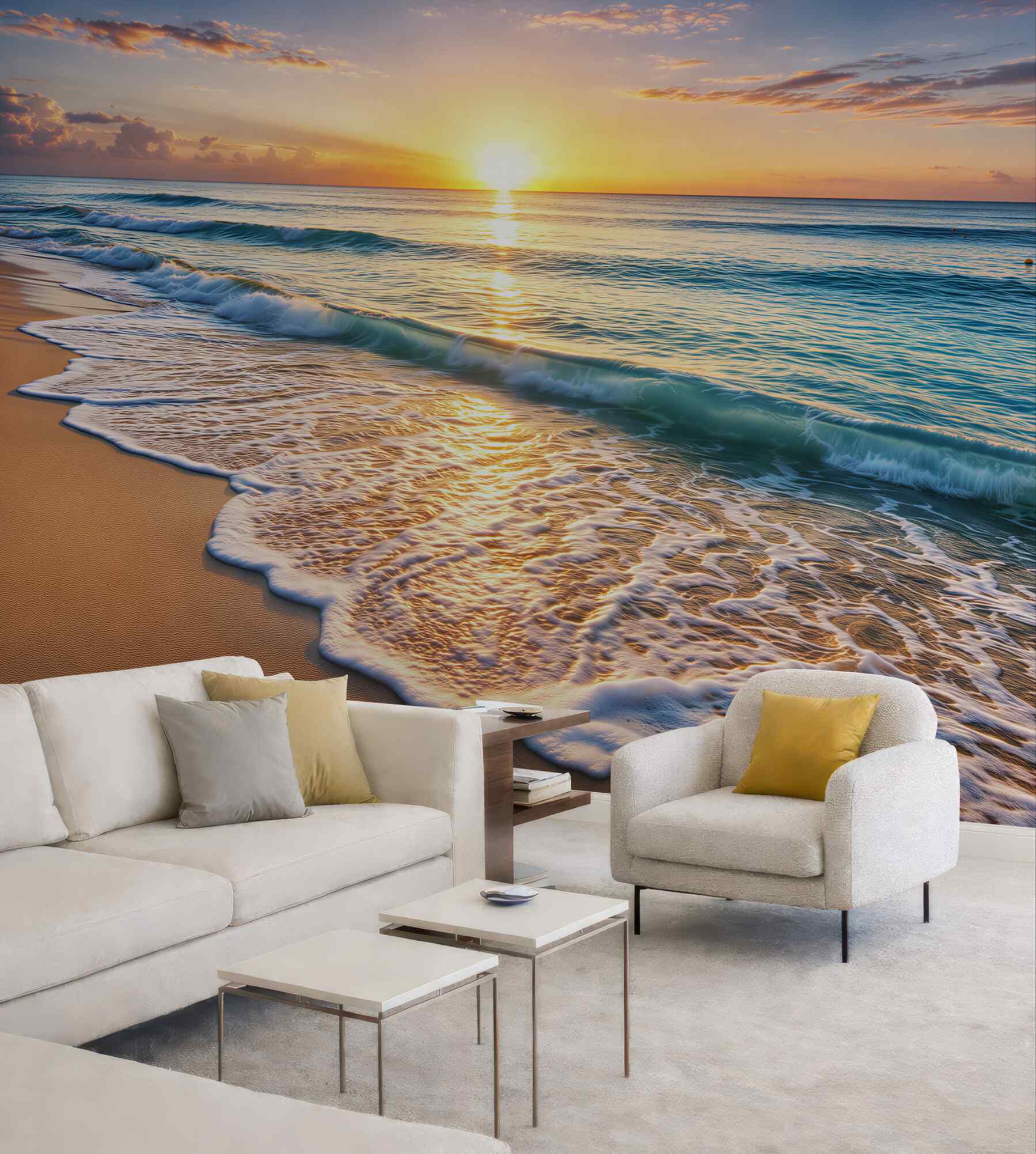 Fototapeta plaża o wschodzie słońca z falami i złotym piaskiem