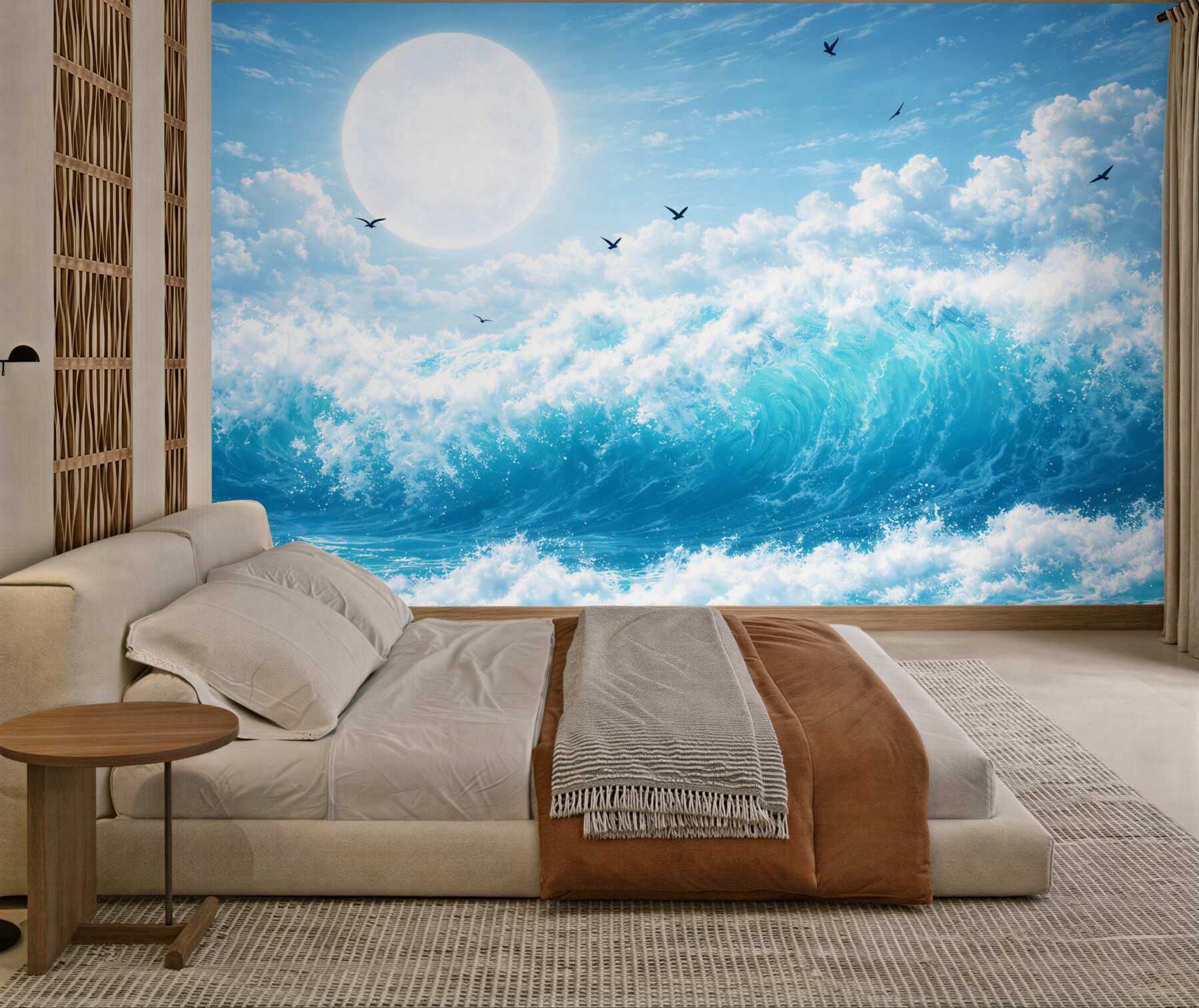 Fototapeta turkusowe fale oceanu z księżycem i ptakami