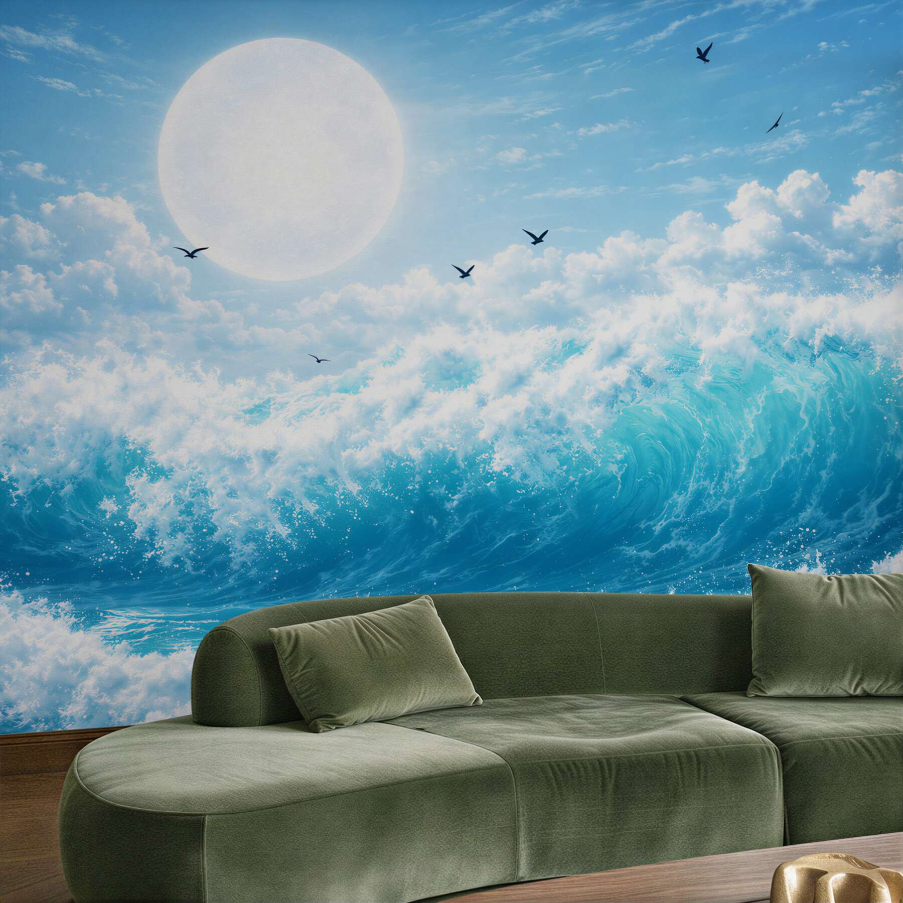 Fototapeta turkusowe fale oceanu z księżycem i ptakami