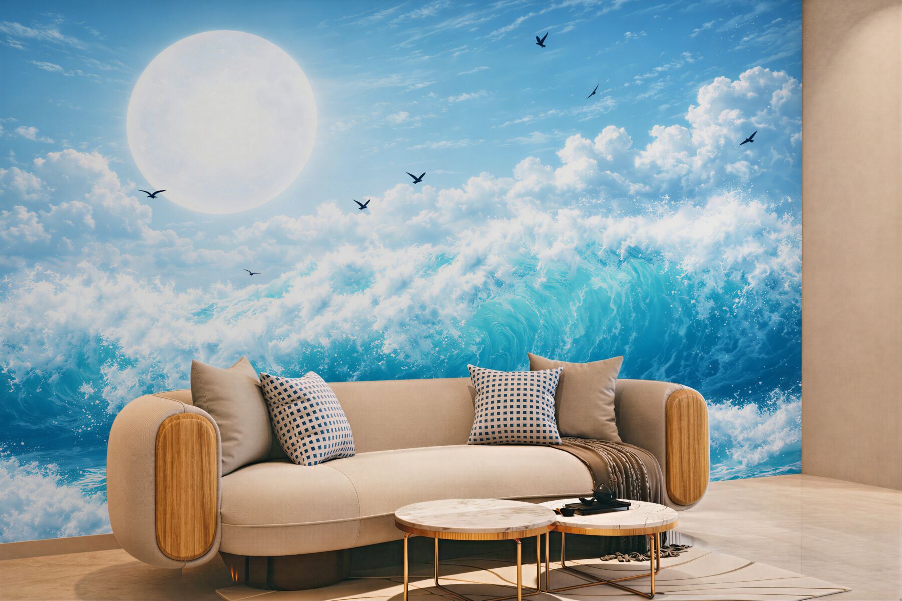 Fototapeta turkusowe fale oceanu z księżycem i ptakami