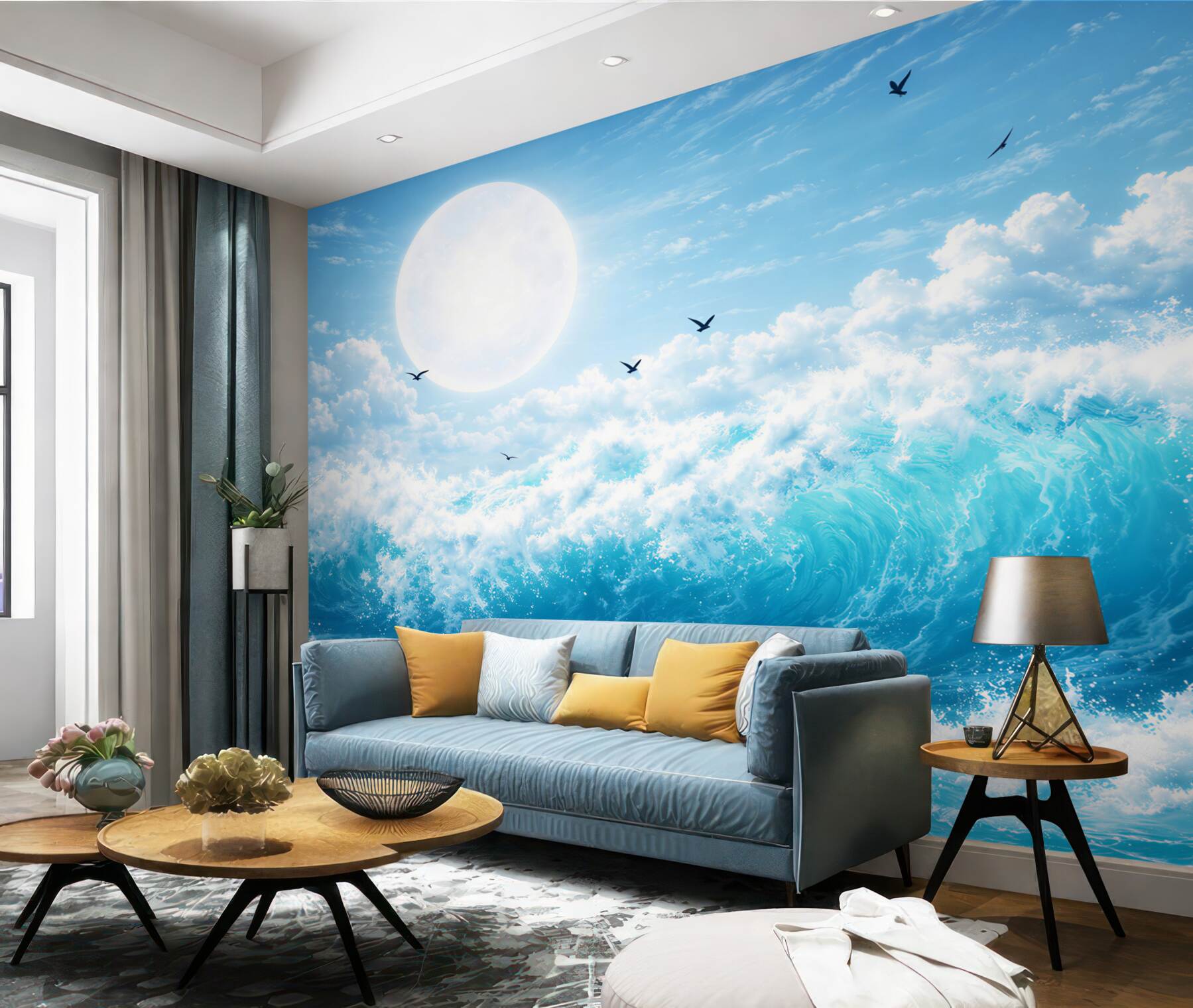 Fototapeta turkusowe fale oceanu z księżycem i ptakami