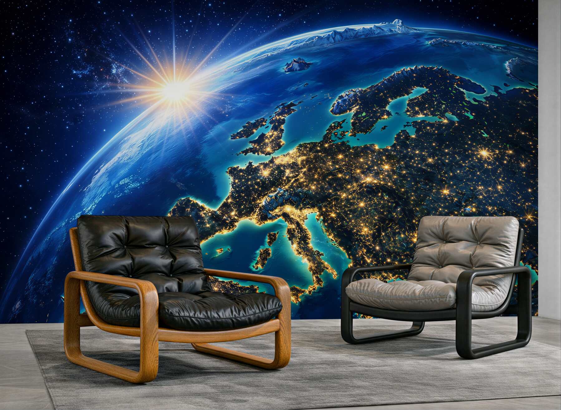 Fototapeta Ziemia z kosmosu Europa nocą i wschód słońca