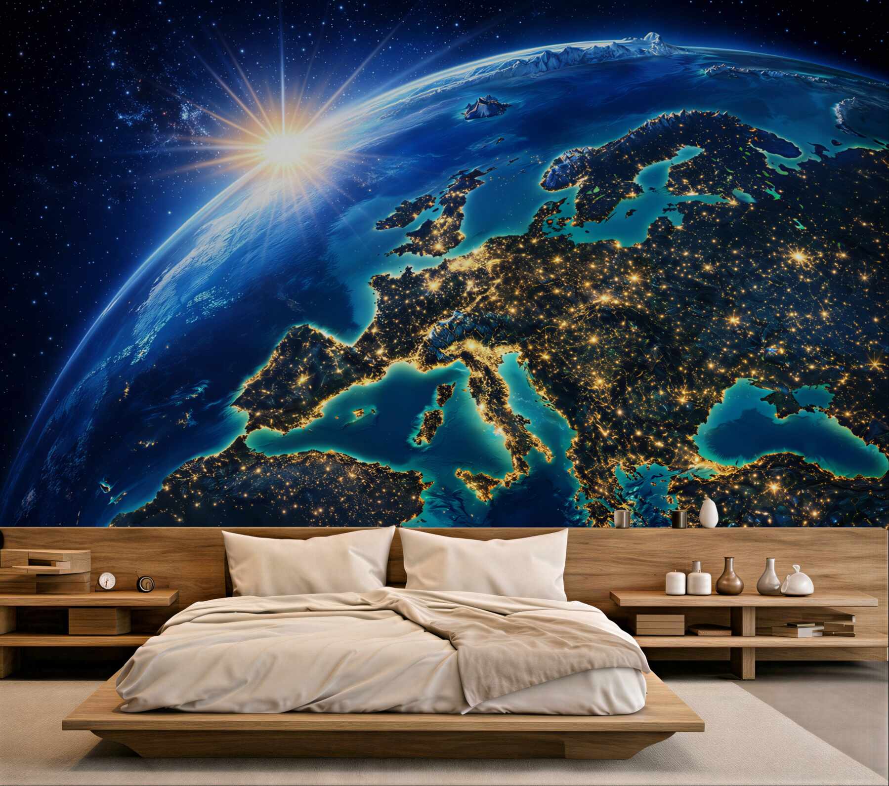 Fototapeta Ziemia z kosmosu Europa nocą i wschód słońca