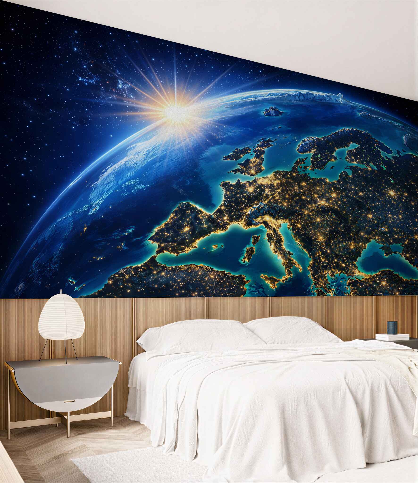Fototapeta Ziemia z kosmosu Europa nocą i wschód słońca
