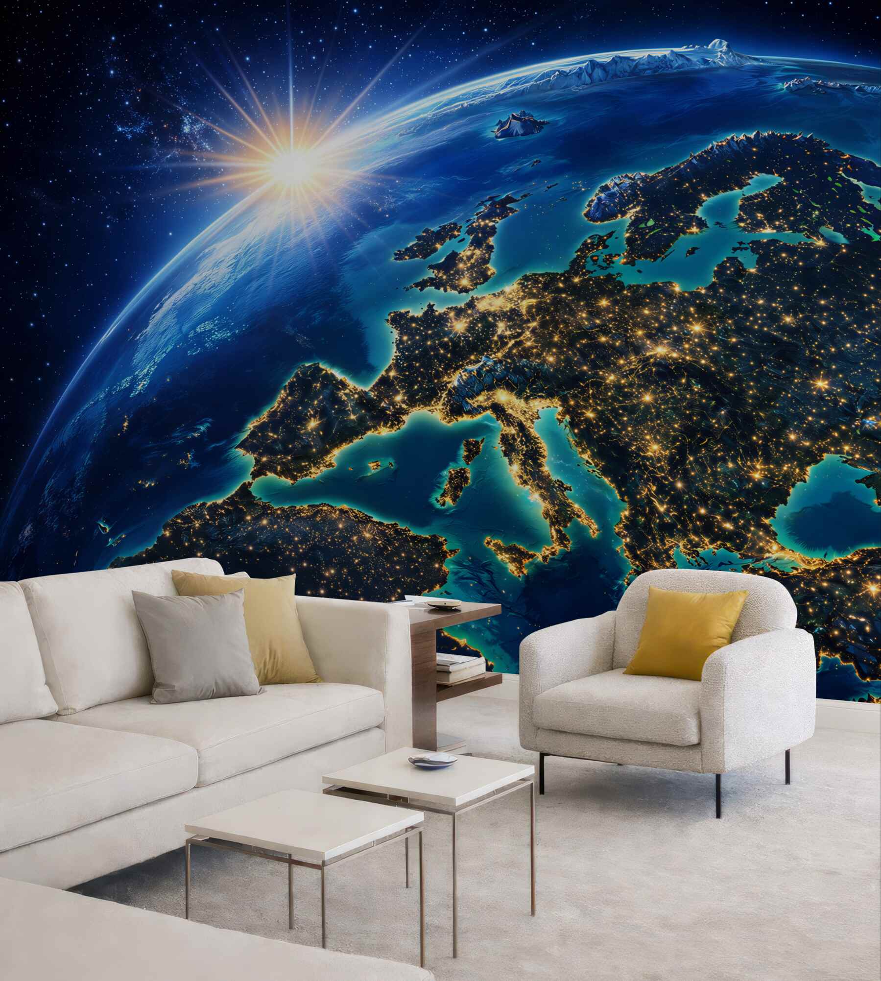 Fototapeta Ziemia z kosmosu Europa nocą i wschód słońca