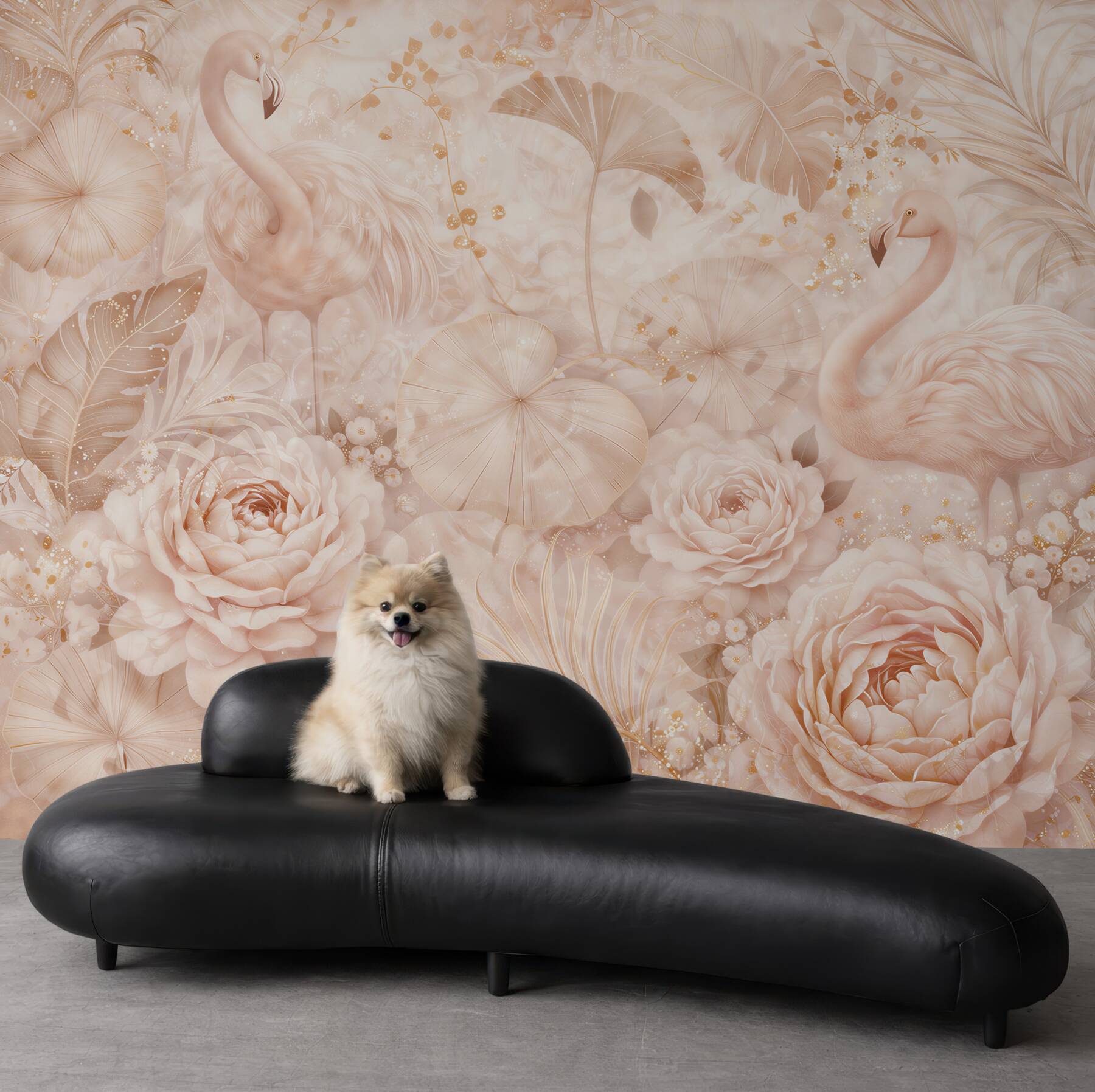 Fototapeta flamingi i kwiaty pudrowy beż w eleganckim stylu glamour