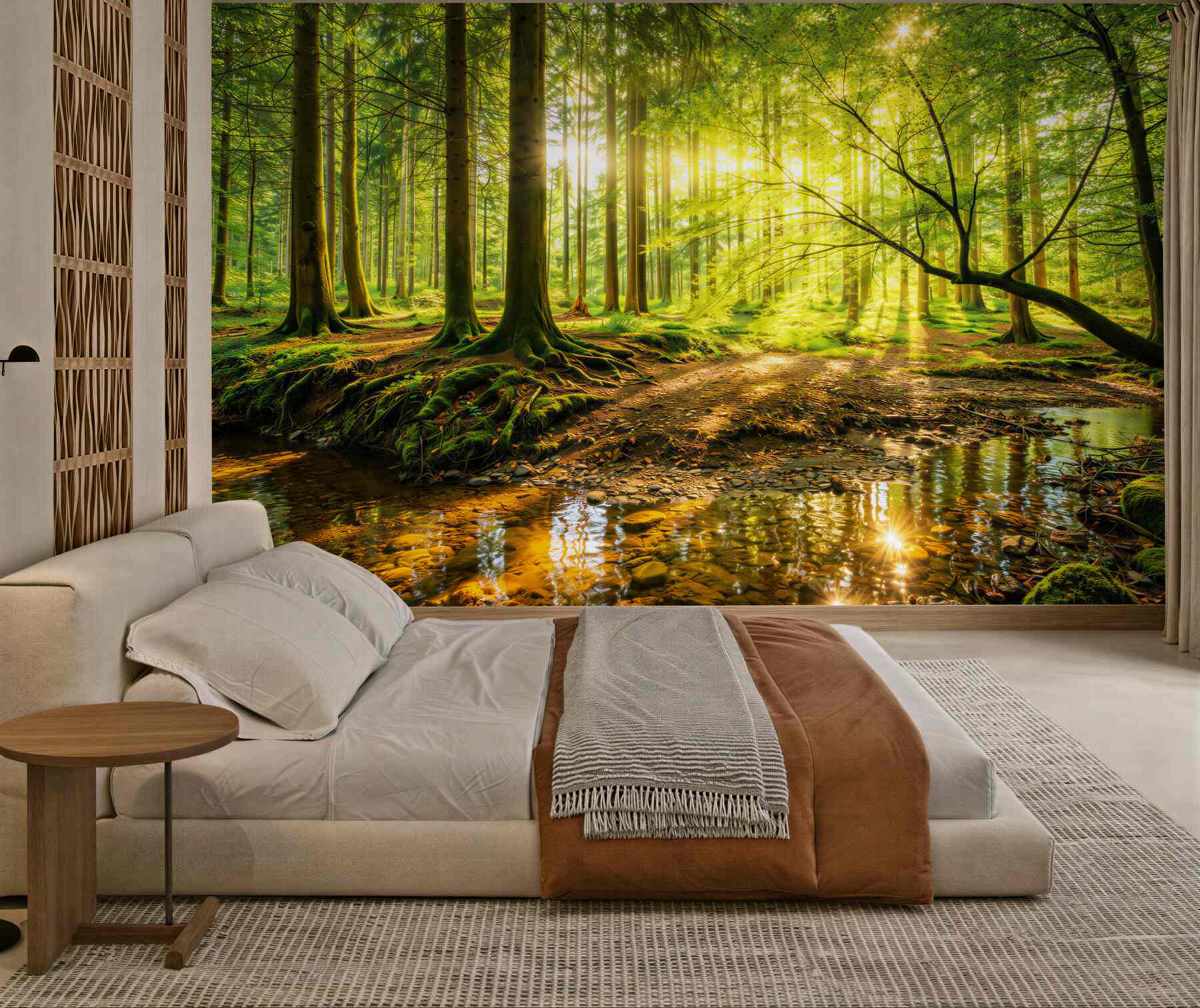 Fototapeta zielony las ze słońcem i strumieniem relaksująca natura