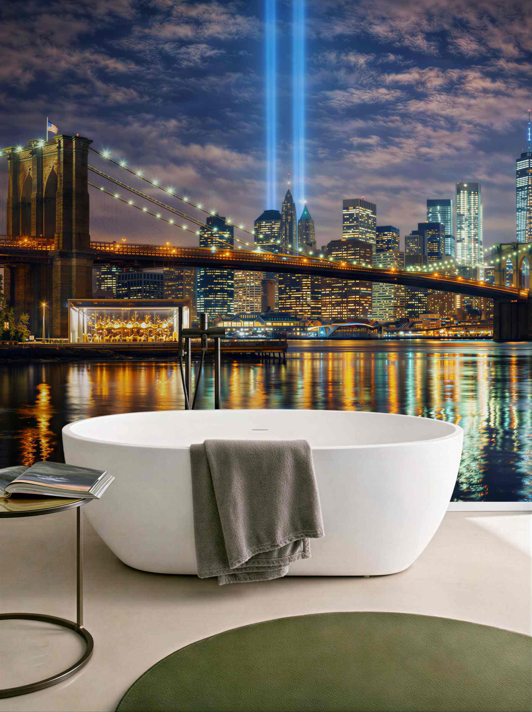 Fototapeta nocny Nowy Jork z mostem Brooklyn i panoramą miasta