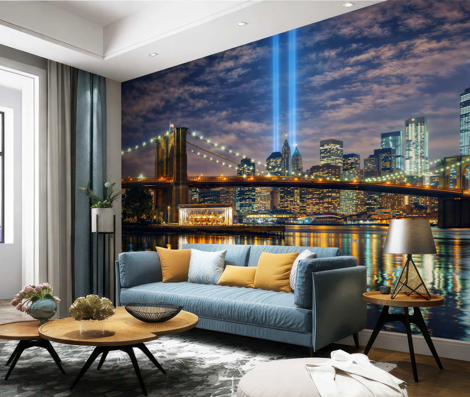 Fototapeta nocny Nowy Jork z mostem Brooklyn i panoramą miasta