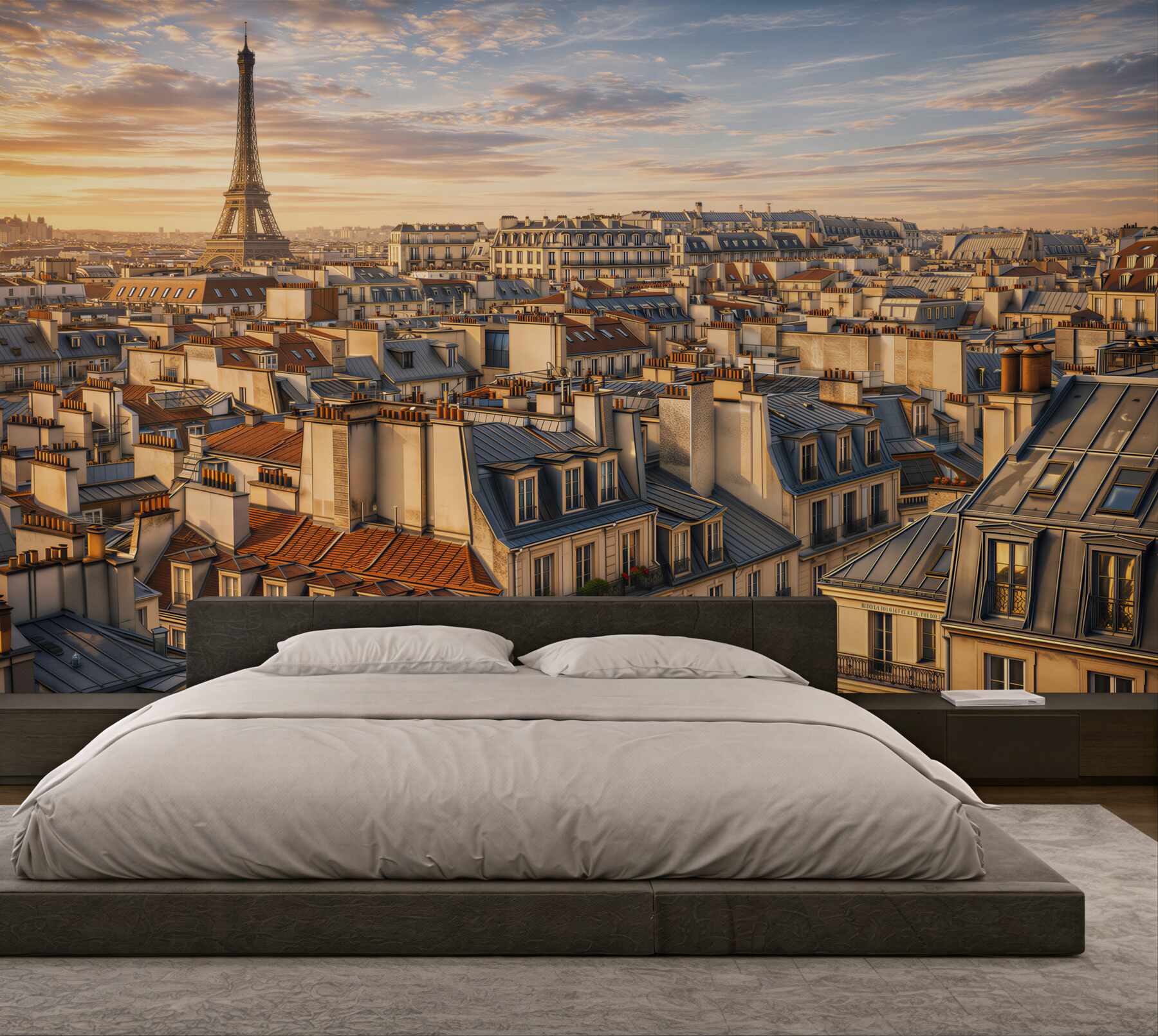 Fototapeta Paryż z wieżą Eiffla o zachodzie słońca nad dachami miasta