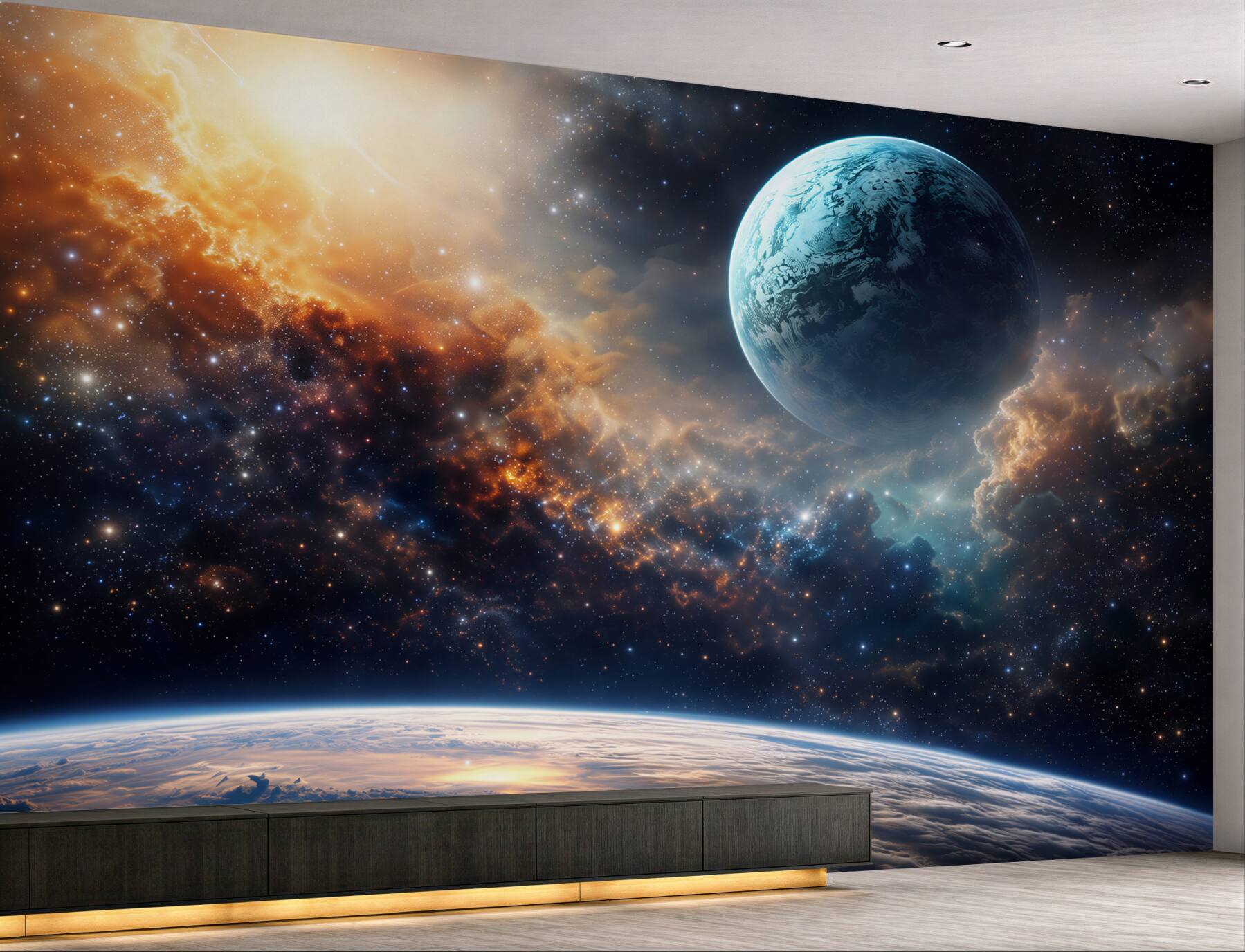 Fototapeta kosmos z planetą i gwiazdami wśród mgławic